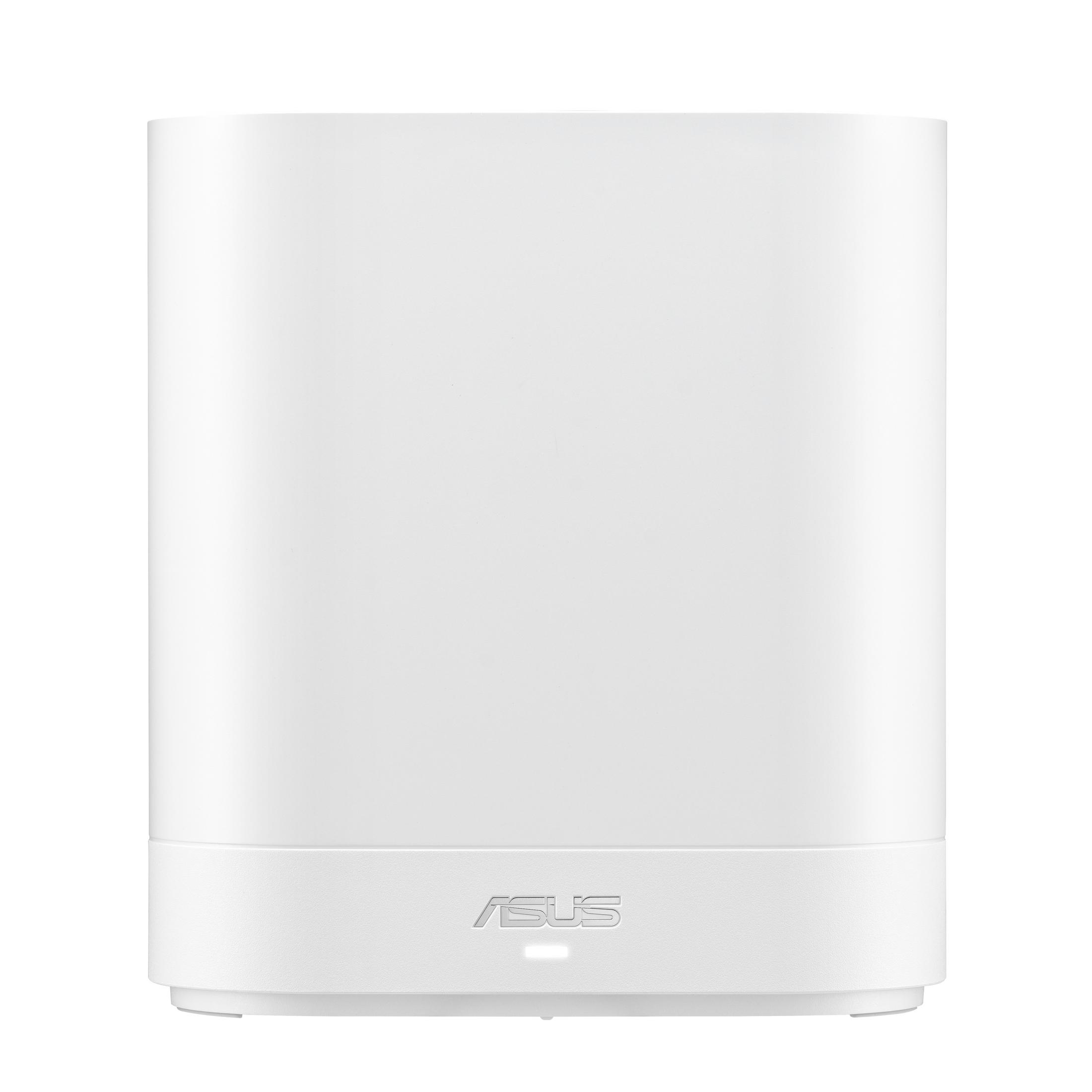 Ein weißer Asus Router mit leuchtender LED und dem Asus-Logo.