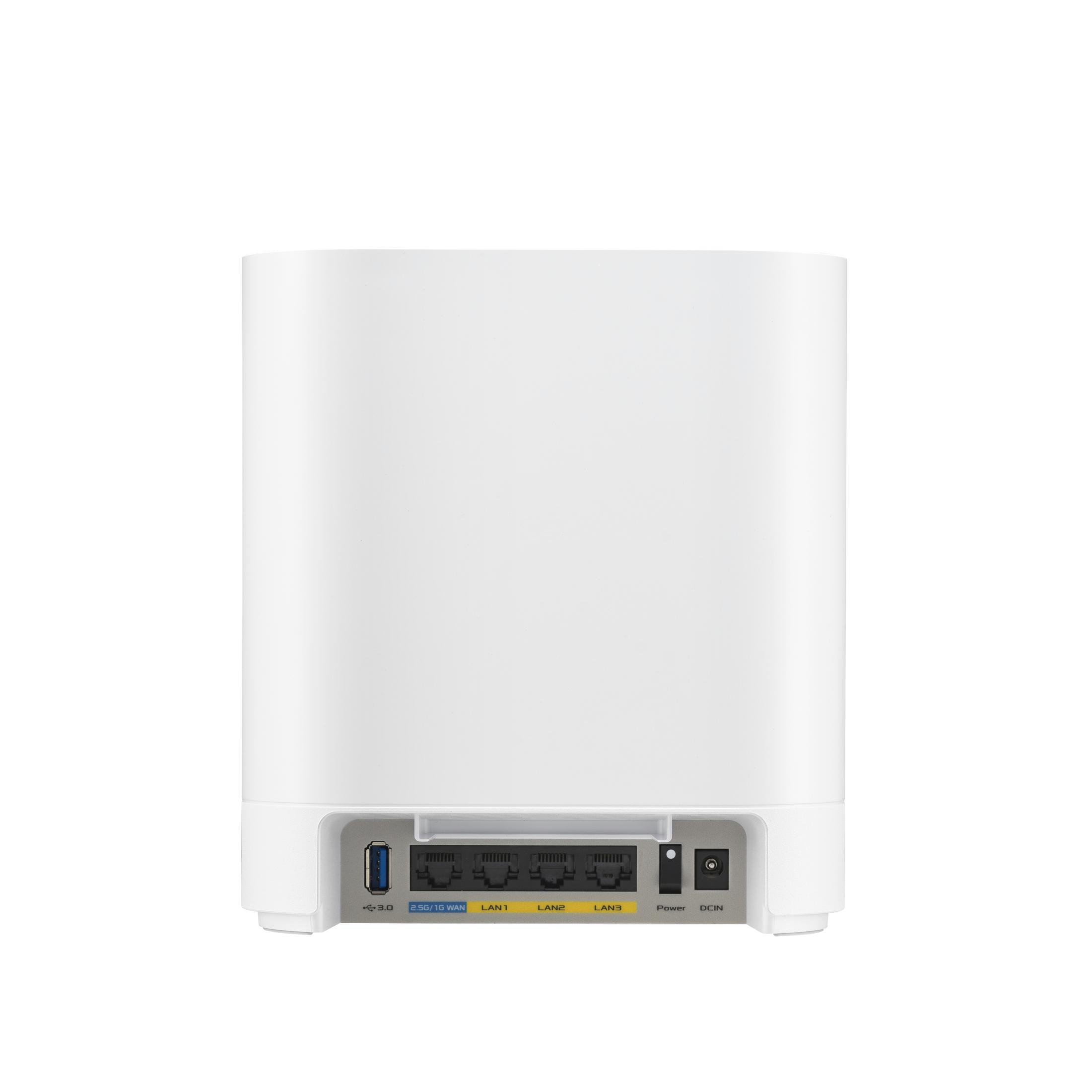 Rückseite eines weißen Routers mit USB-3.0, WAN-, LAN1-, LAN2-, LAN3-Anschlüssen, Strom und DCIN.