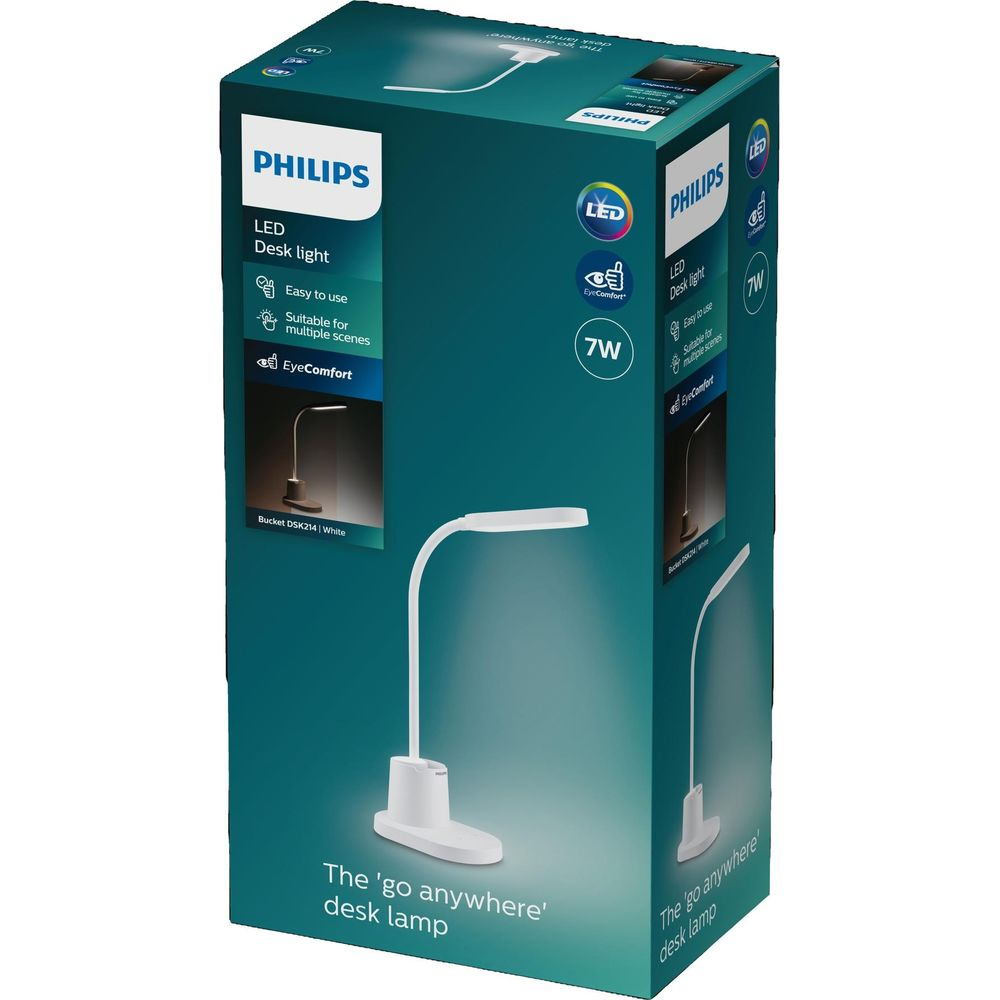 Opakowanie lampki biurkowej LED Philips. Biała lampka z elastyczną szyjką i podstawą.