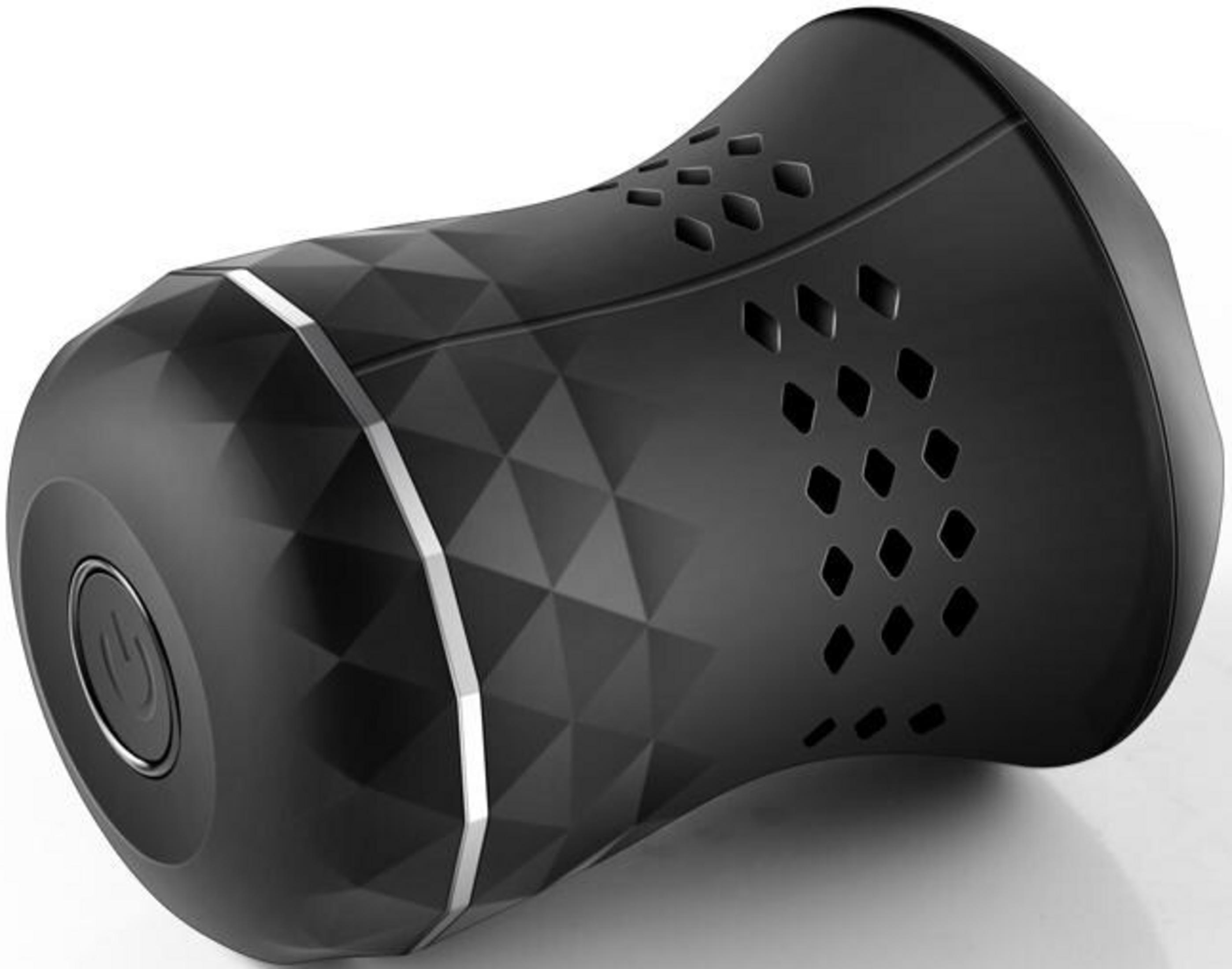 Appareil ergonomique noir à texture facettée et trous de ventilation.