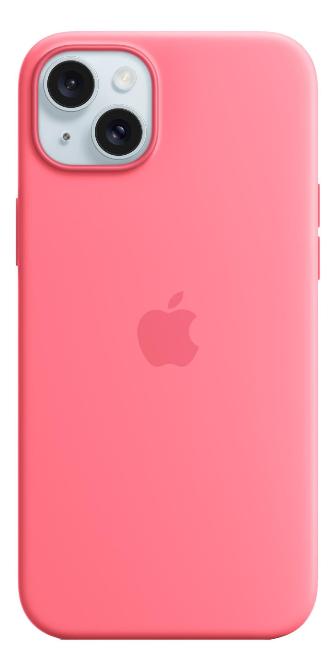 Een roze iPhone hoesje met Apple logo en camera-uitsparing.