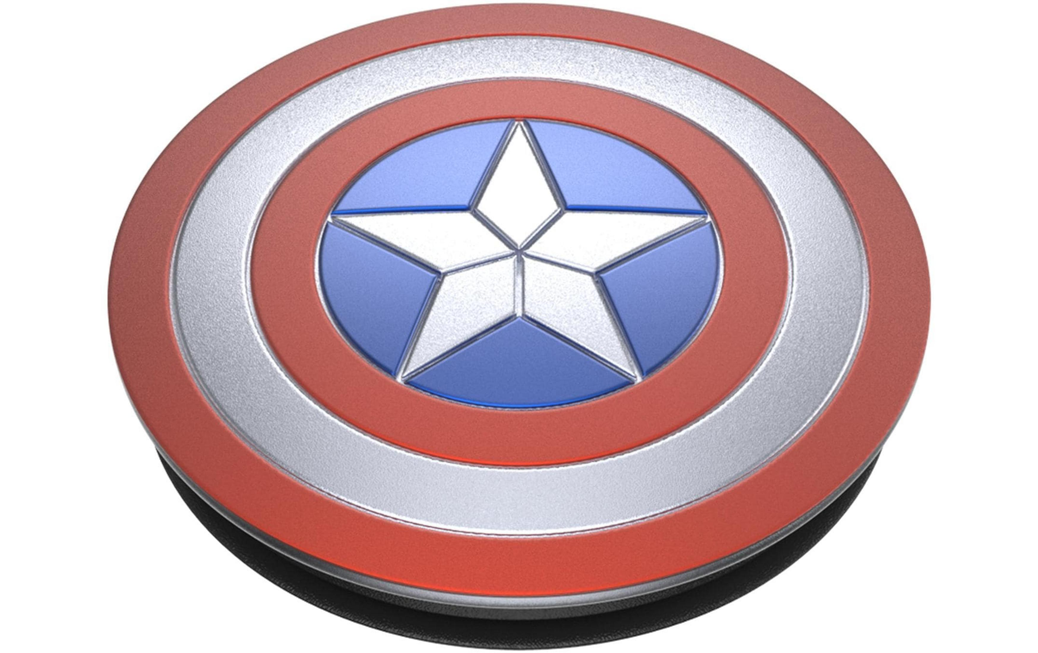 Un escudo del Capitán América rojo, plateado y azul con una estrella blanca.