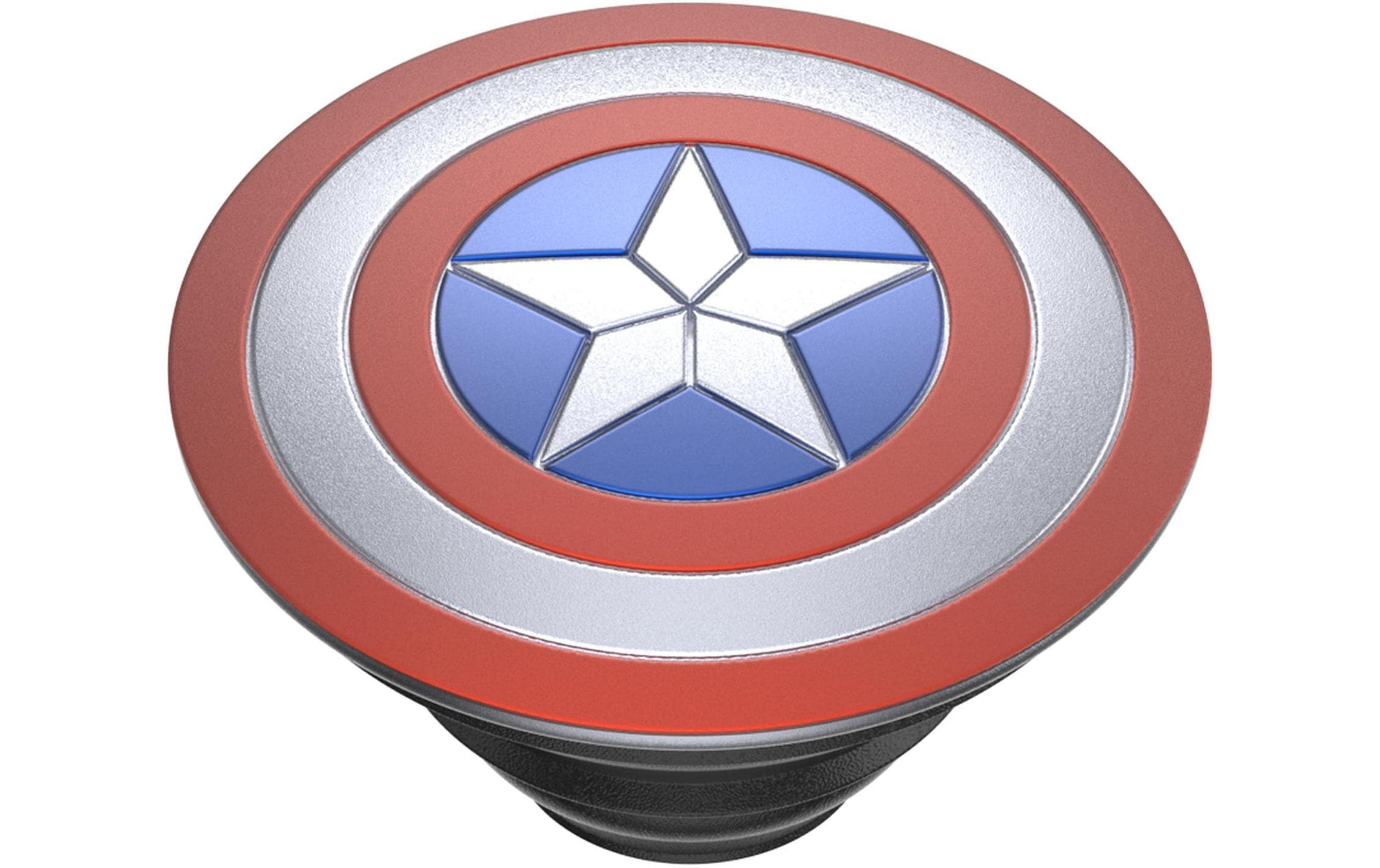 El escudo del Capitán América con anillos rojos, plateados y azules y una estrella blanca.