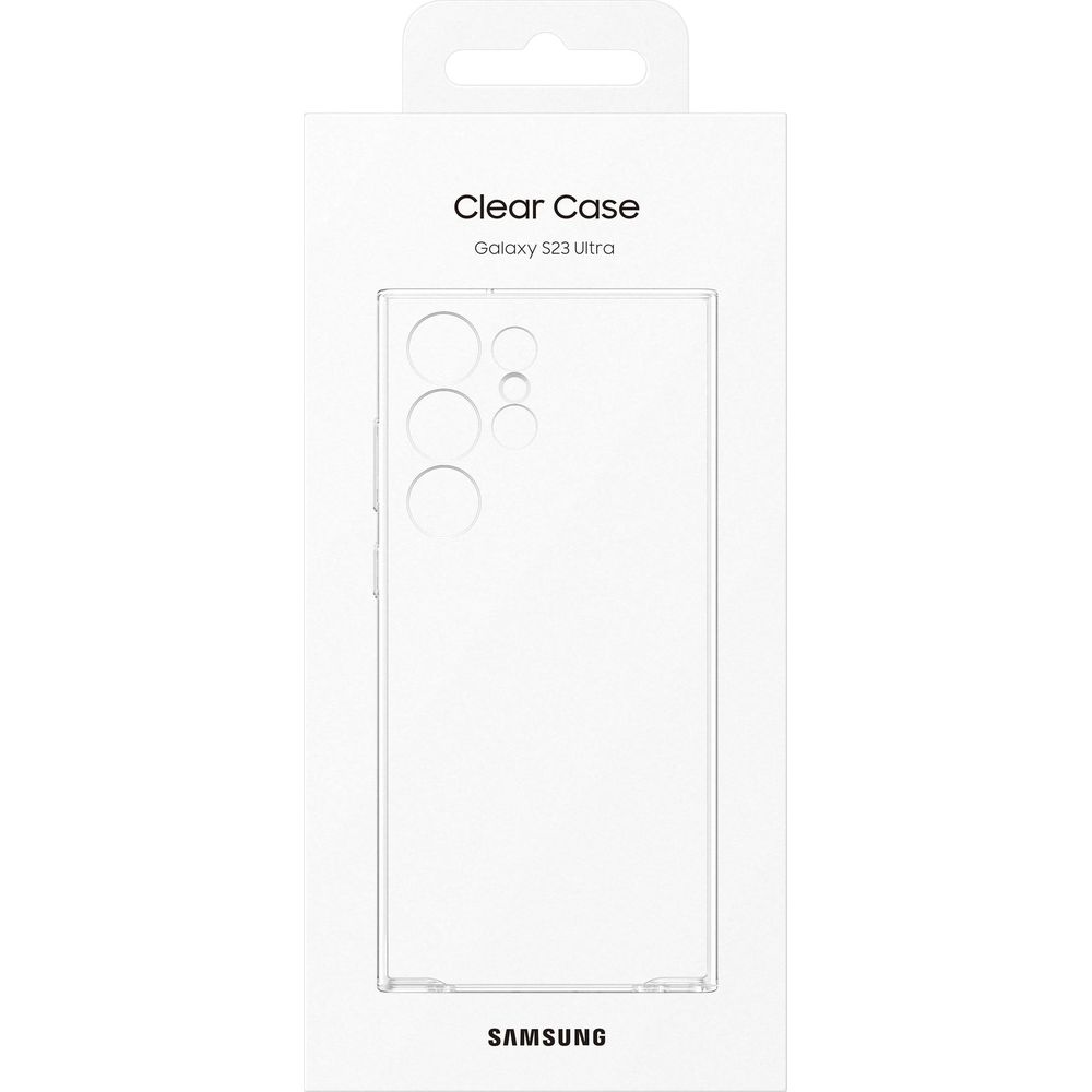 Opakowanie przezroczystego etui do Galaxy S23 Ultra z logo Samsung.
