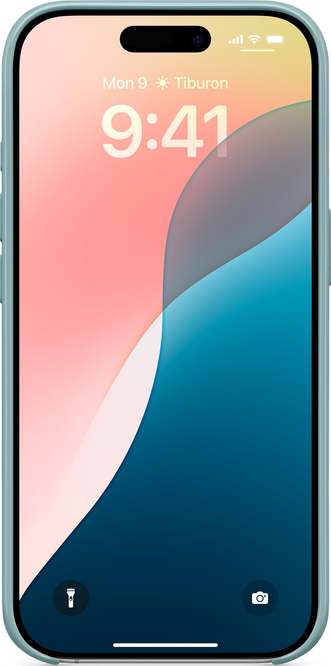 Smartfon wyświetla 9:41 z tapetą w stylu fal w kolorach różowym i niebieskim.