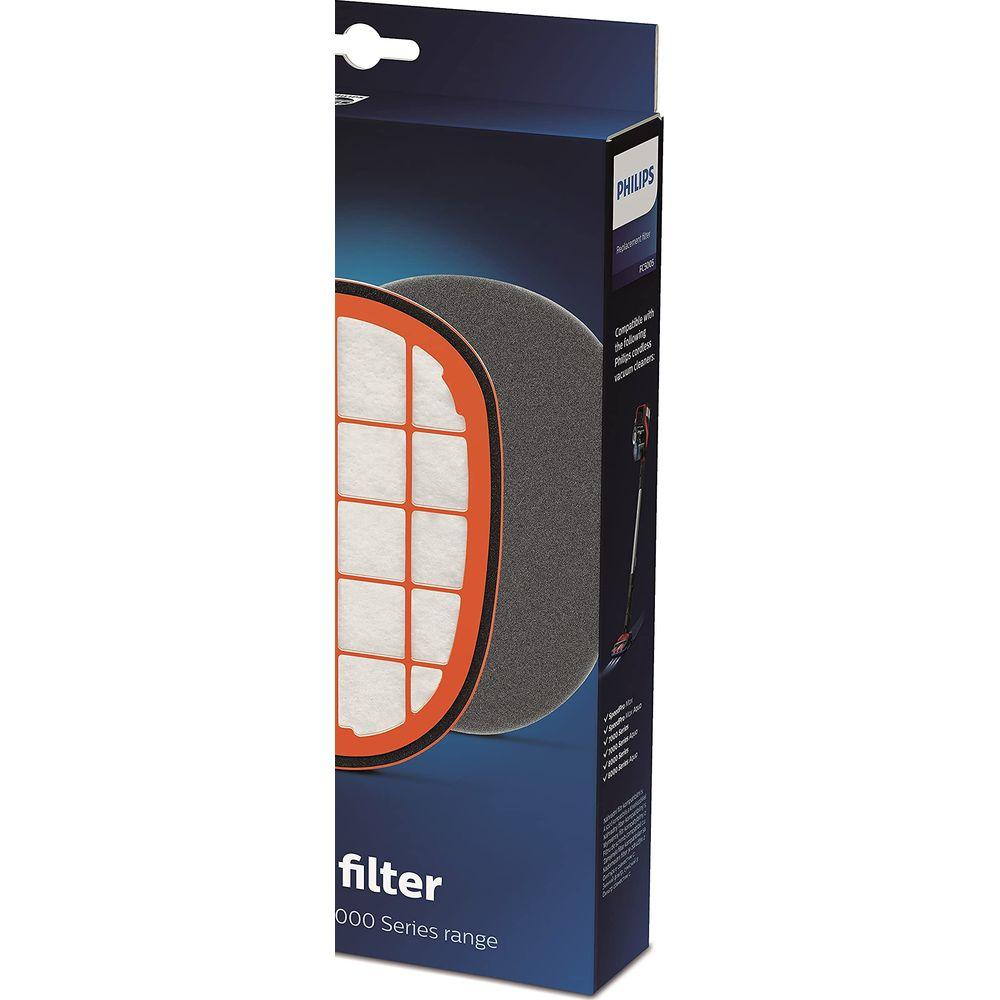 Philips stofzuigerfilter op donkere verpakking met oranje rand.