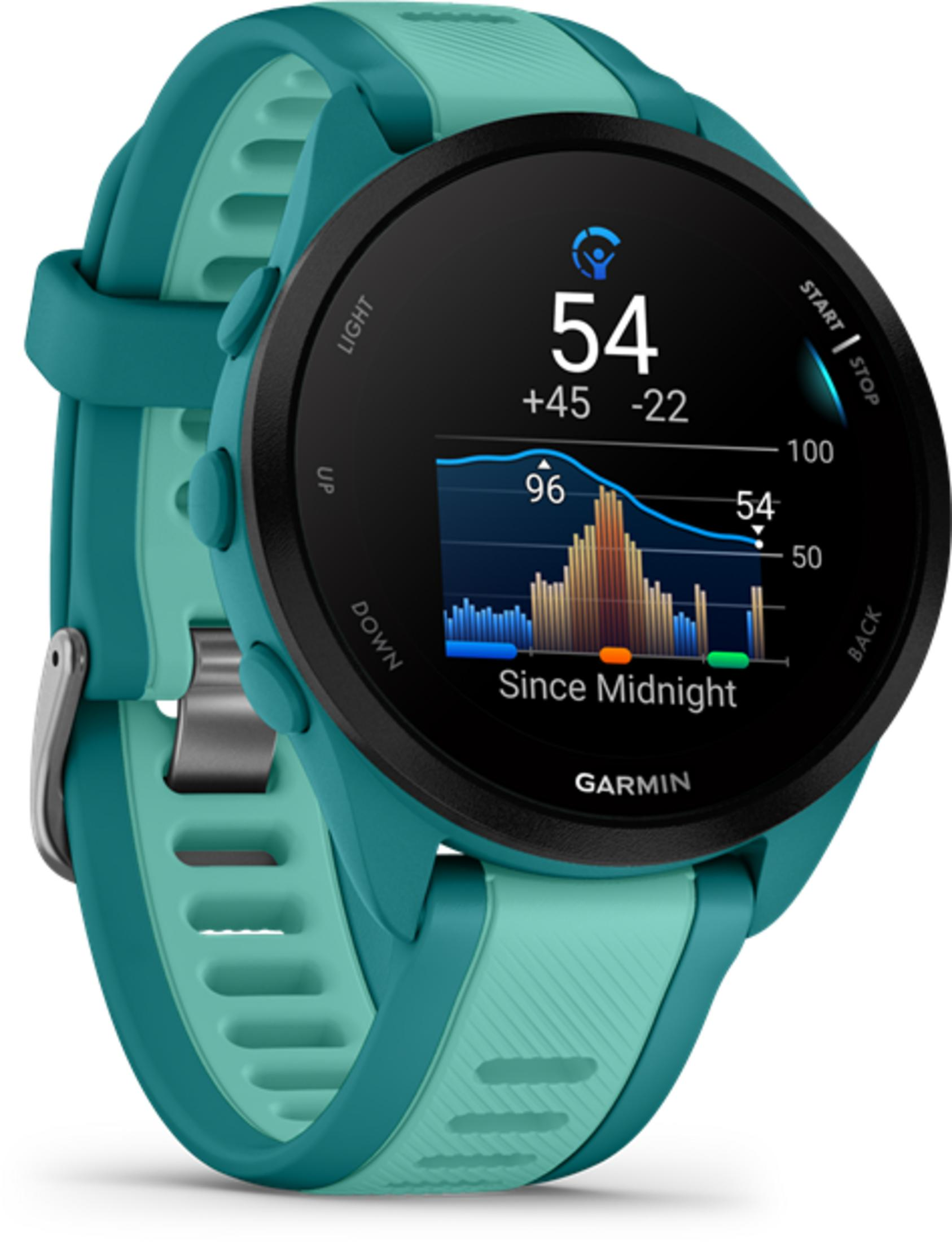 Ein türkisfarbene Garmin-Smartwatch mit schwarzem Zifferblatt zeigt Herzfrequenzdaten.