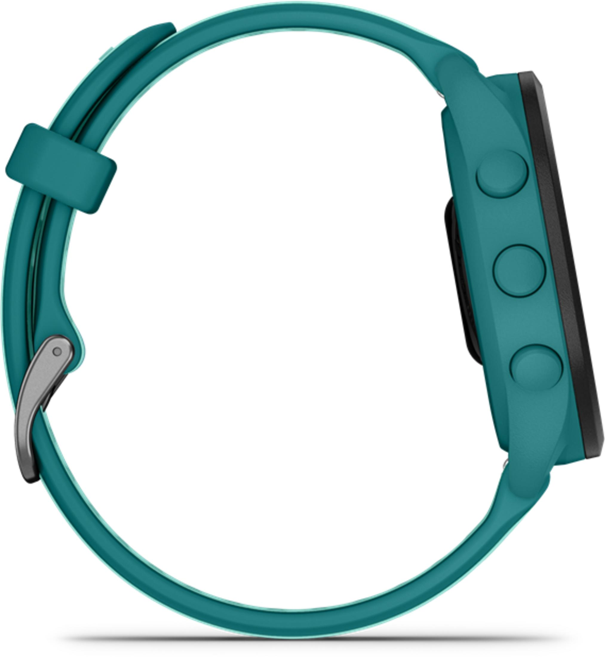 Türkiser Smartwatch-Armband mit silberner Schnalle und drei Knöpfen.