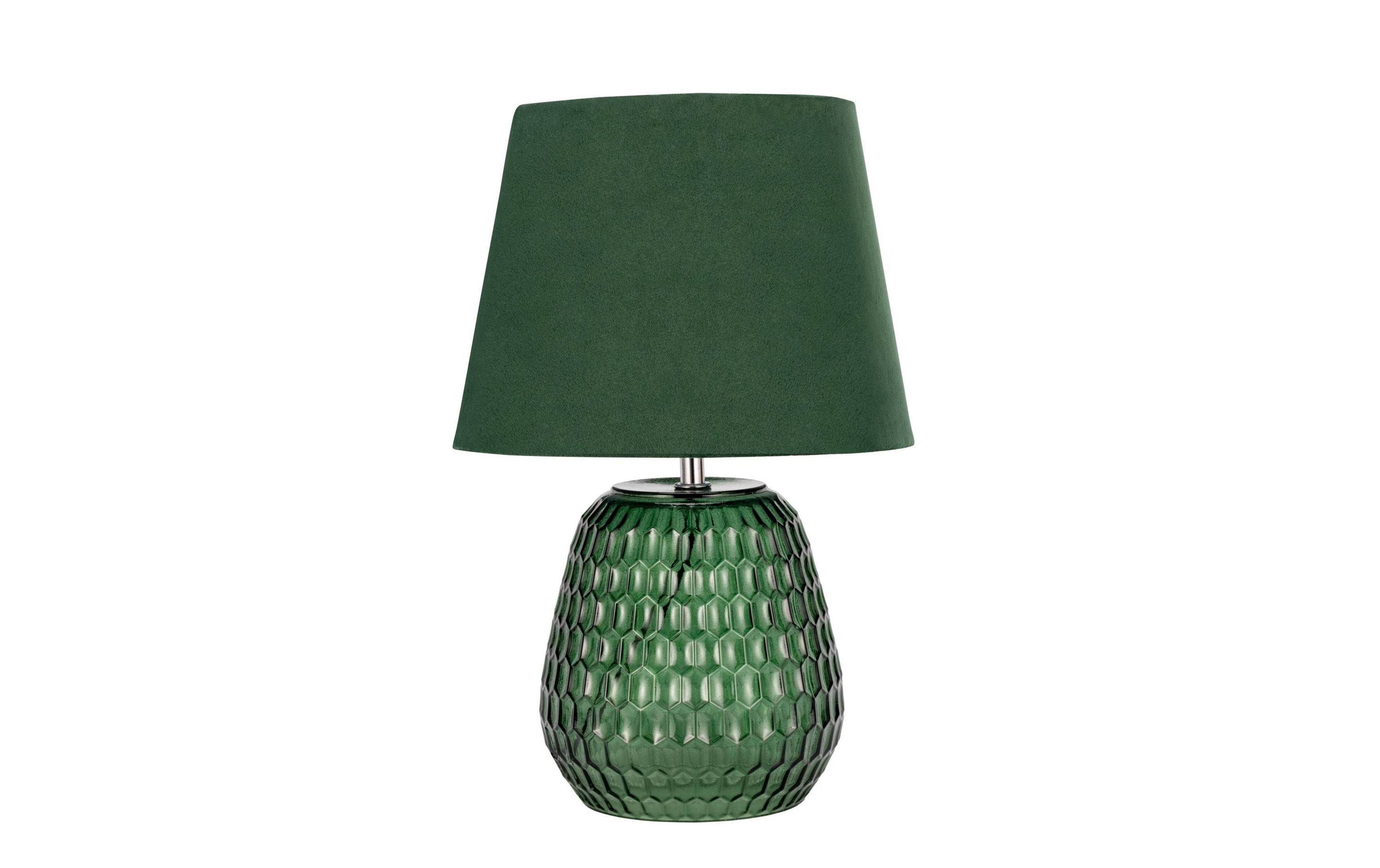 Zielona lampa stołowa z fasetowym wzorem na podstawie.