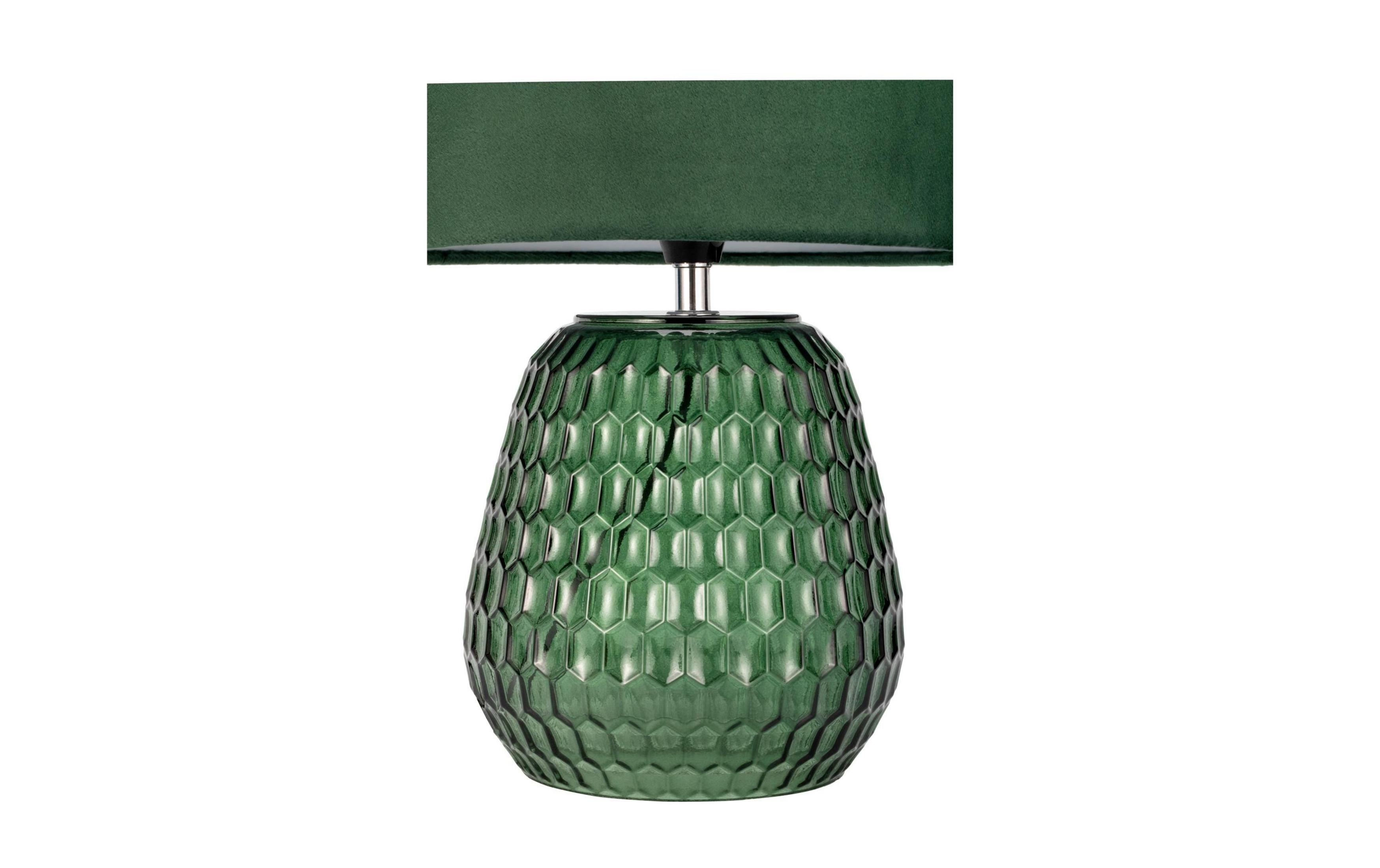 Zielona szklana lampa z wzorem plastra miodu i materiałowym abażurem.