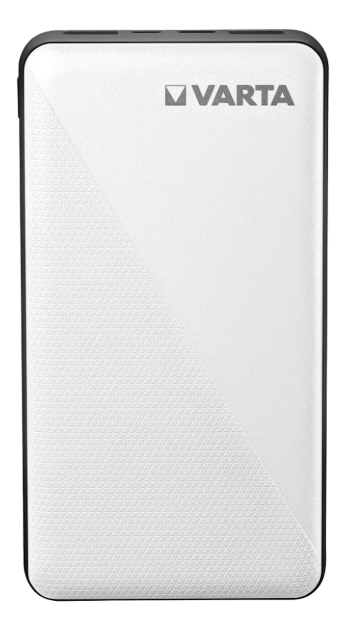 Weiße Varta Powerbank mit schwarzem Rand und Rautenmuster.