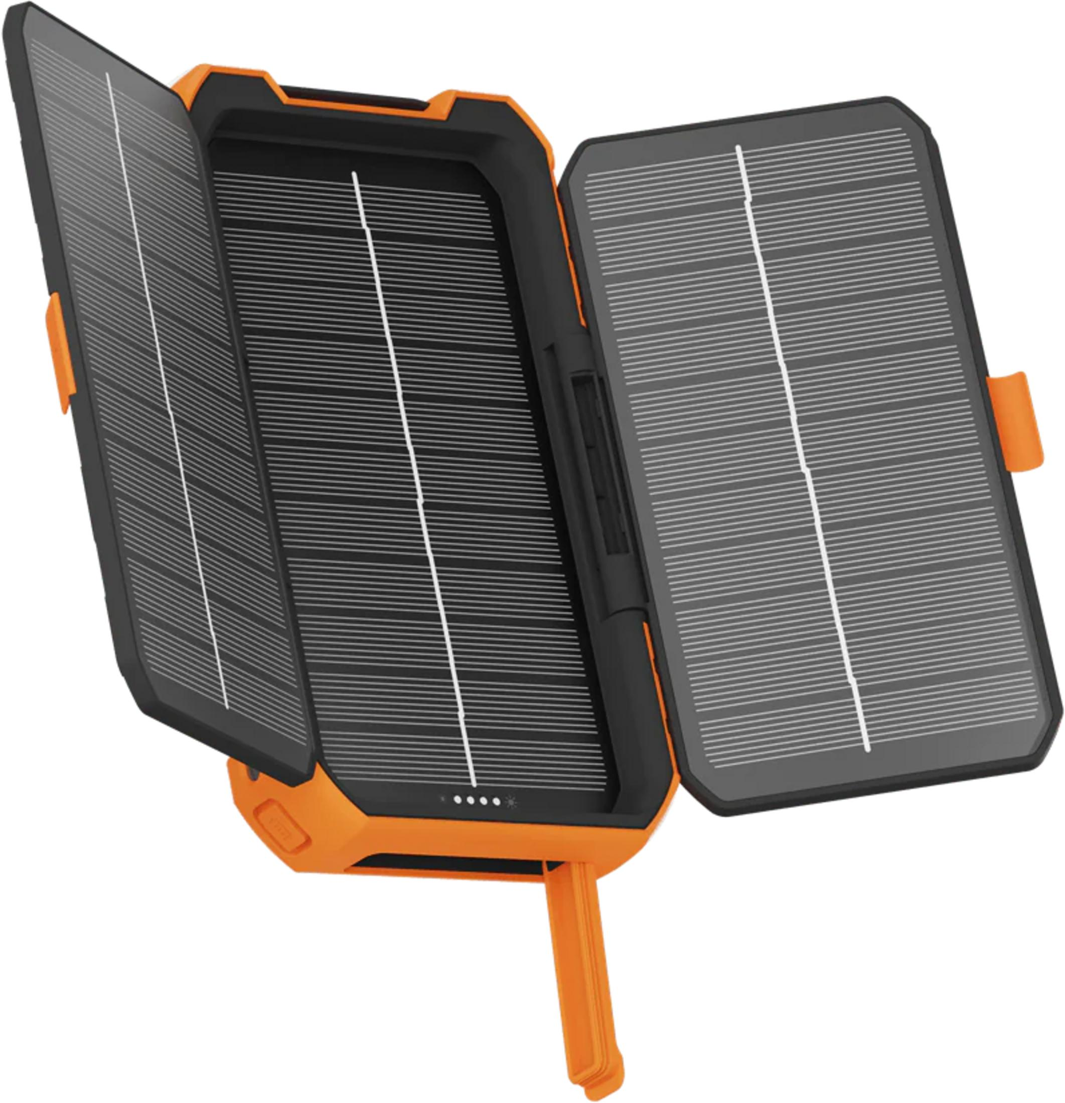 Orange und schwarzes Solar Ladegerät mit zwei aufgeklappten Paneelen und Ständer.