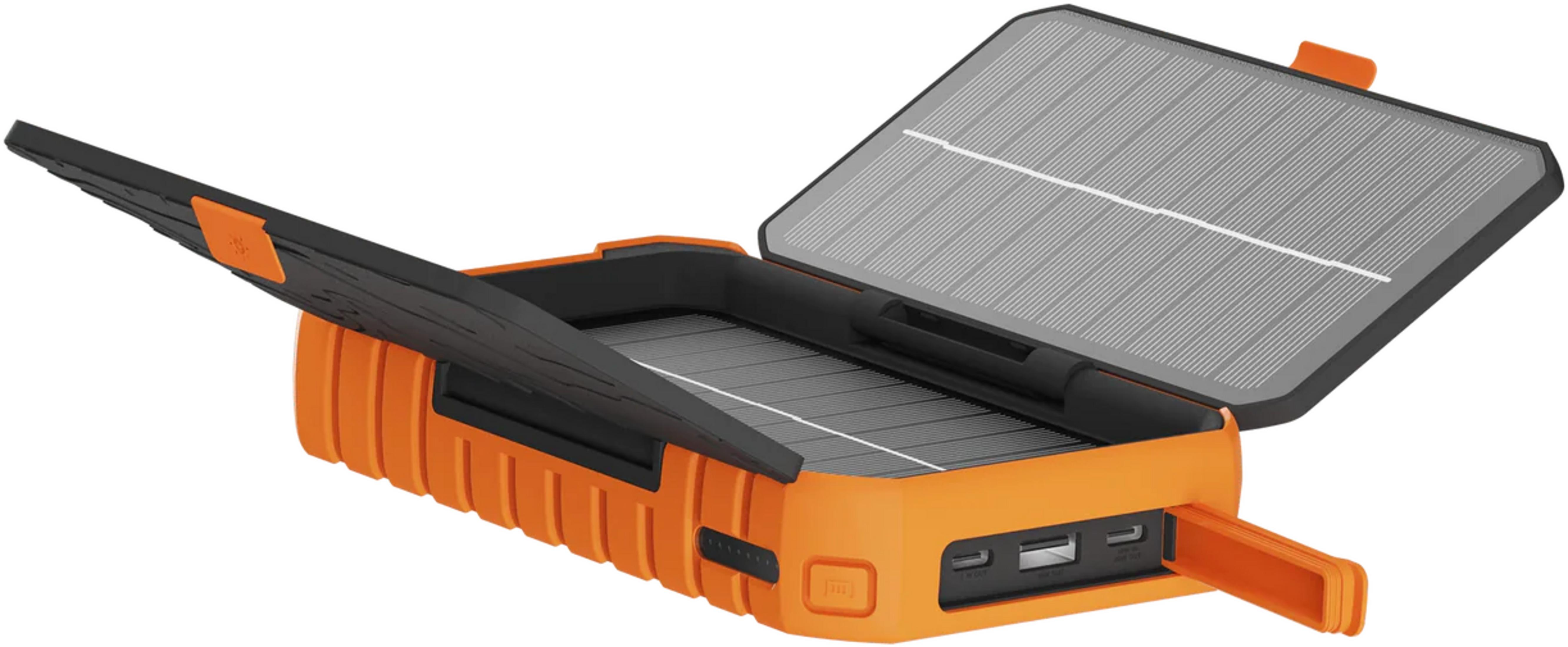Orange Powerbank mit ausklappbaren Solarpanels und USB-Anschlüssen.
