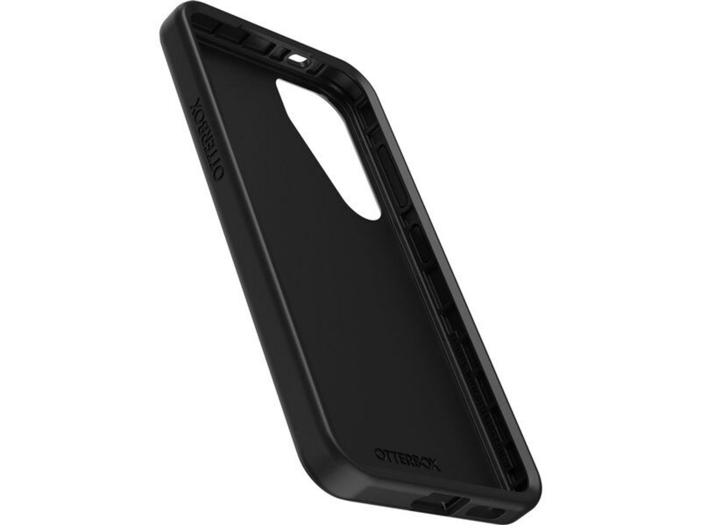 Zwarte Otterbox telefoonhoes, van binnenuit gezien, met uitsparingen.