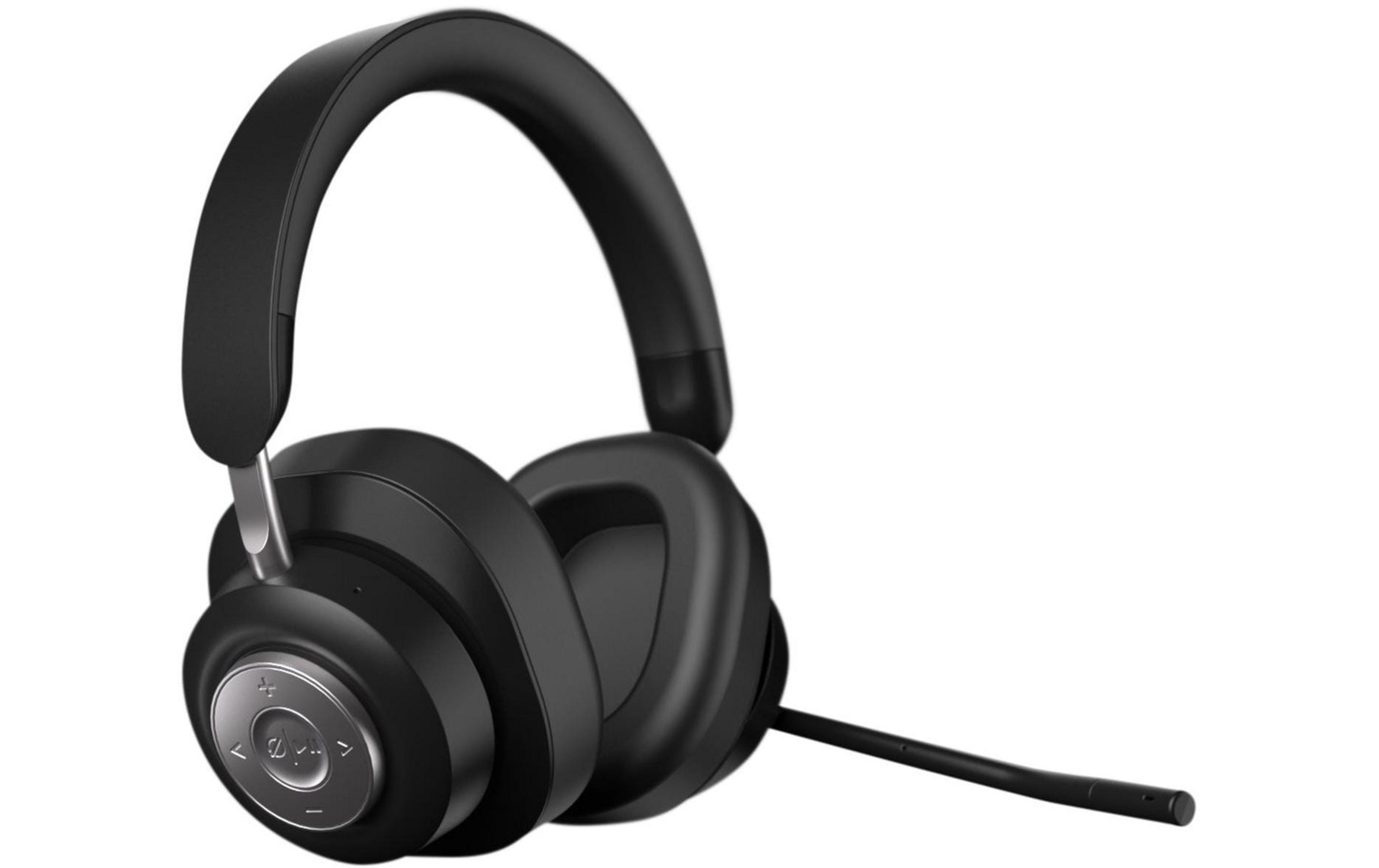 Czarne słuchawki nauszne z mikrofonem i przyciskami sterującymi.