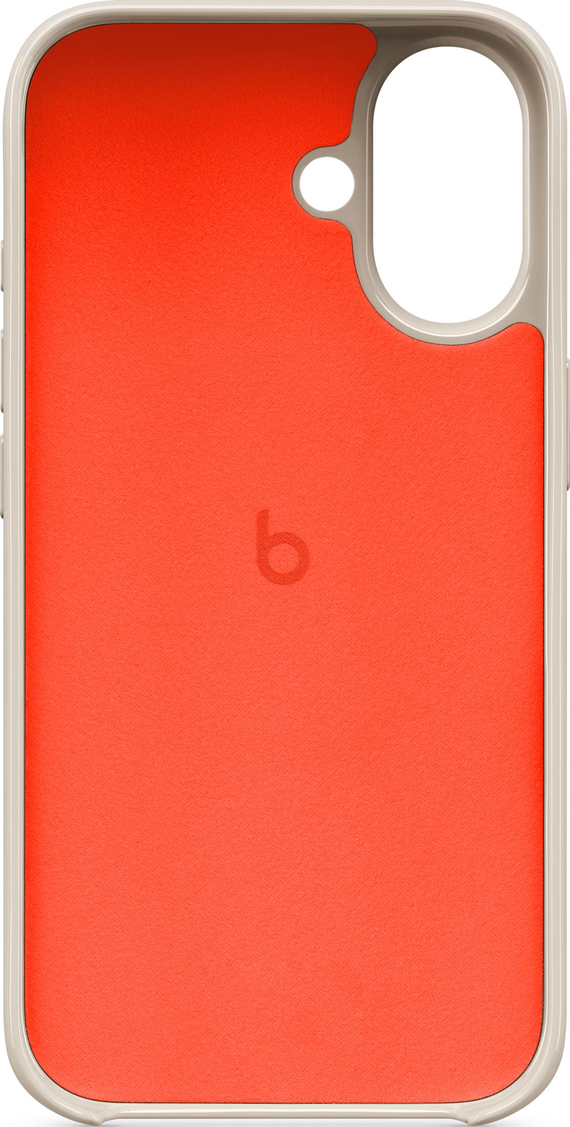 An orange phone case with a neutral frame and a logo.