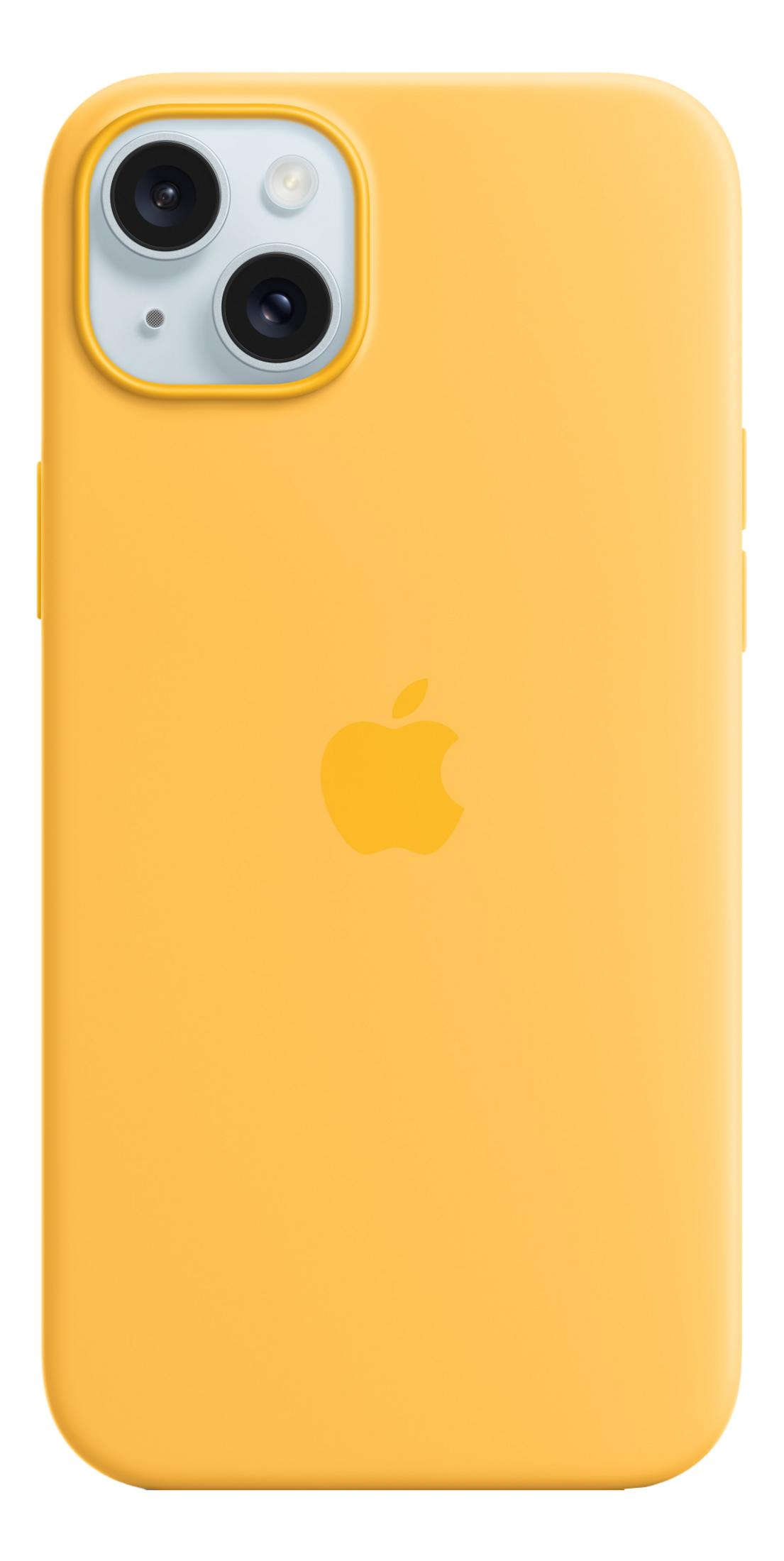 Gele iPhone met Apple-logo en twee camera's aan de achterkant.