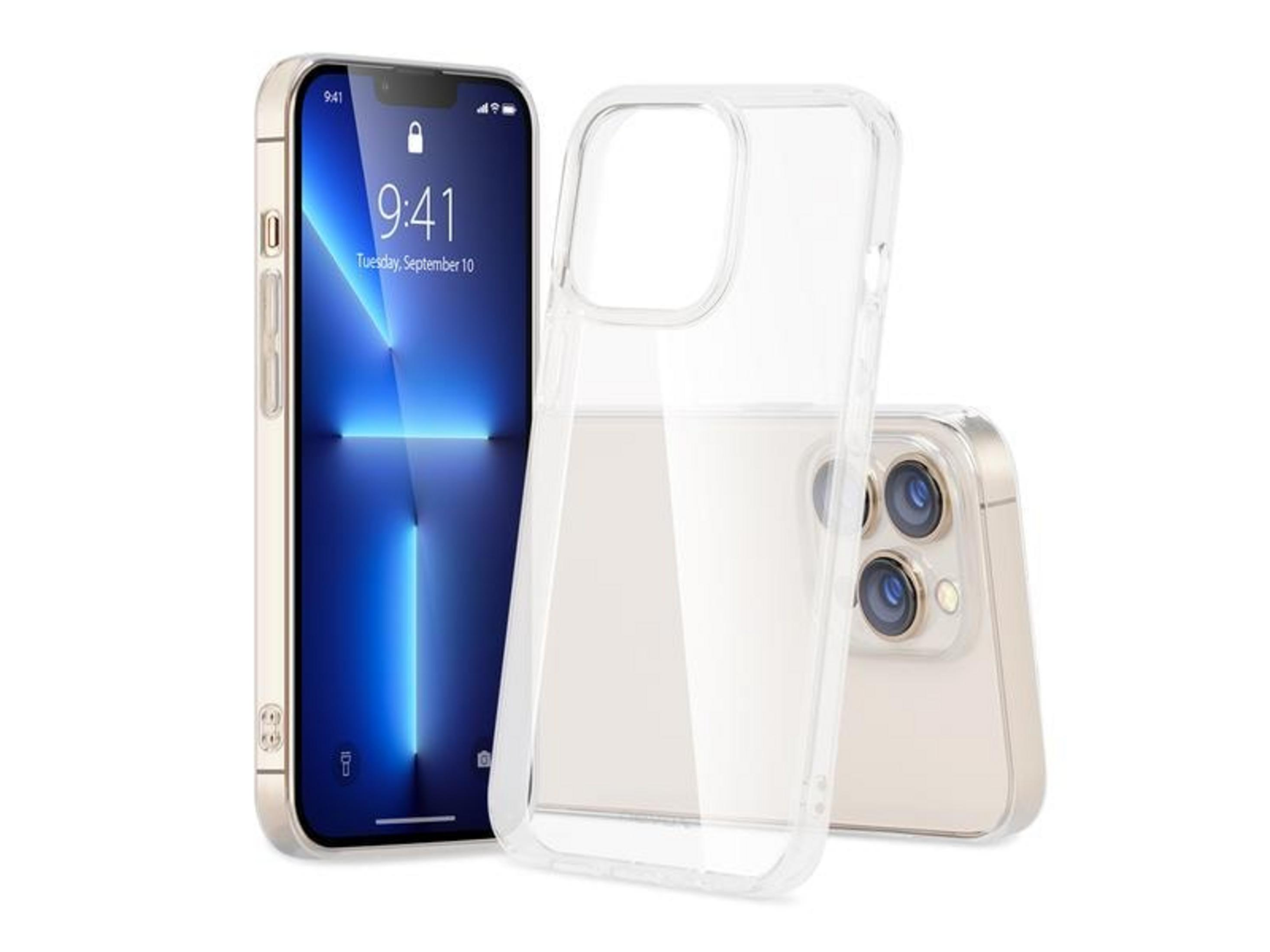 Una custodia trasparente per iPhone è accanto a un iPhone con schermo bloccato.