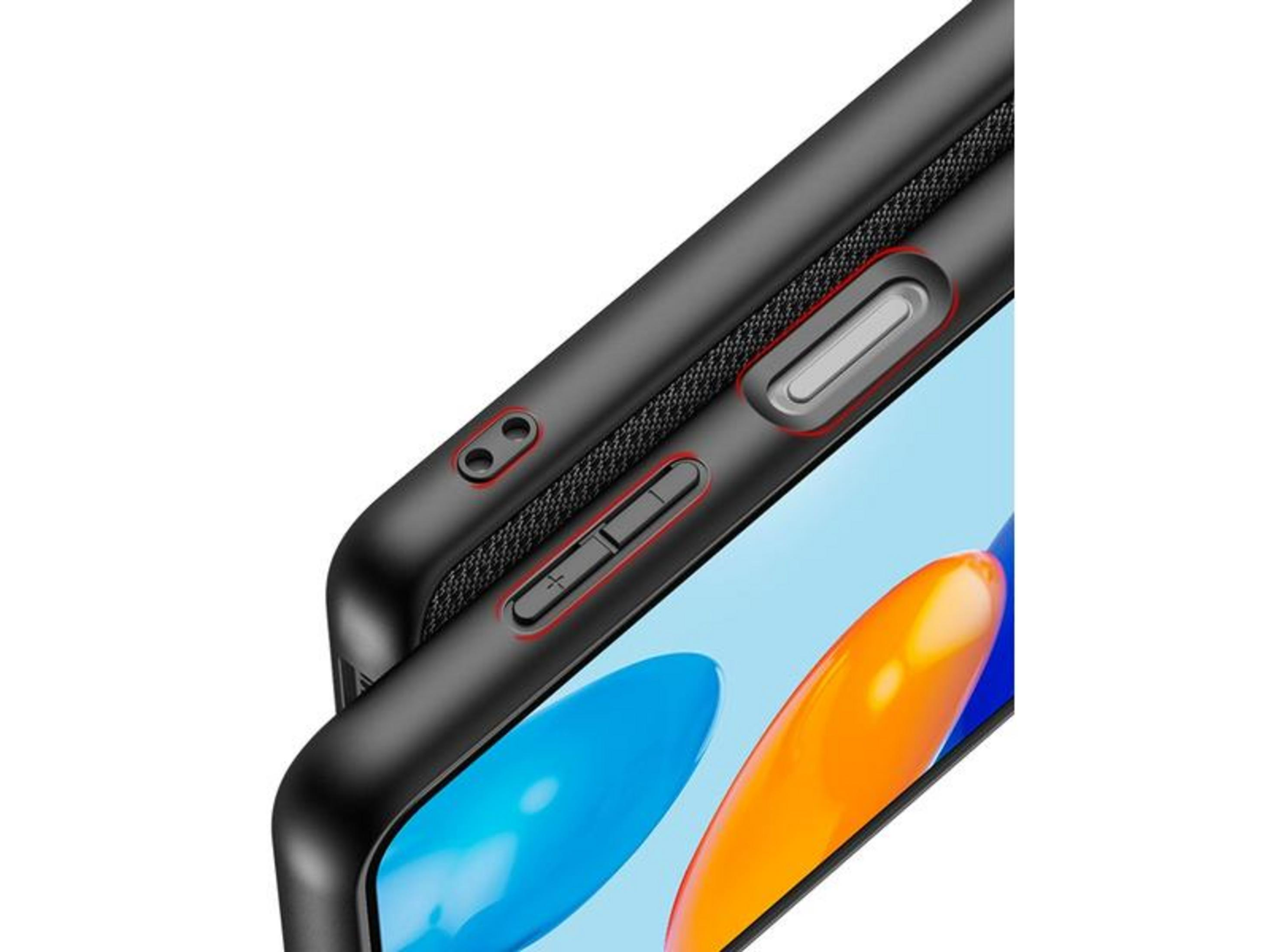 Schwarze Handyhülle mit Lautstärketasten und Power-Taste im Detail.
