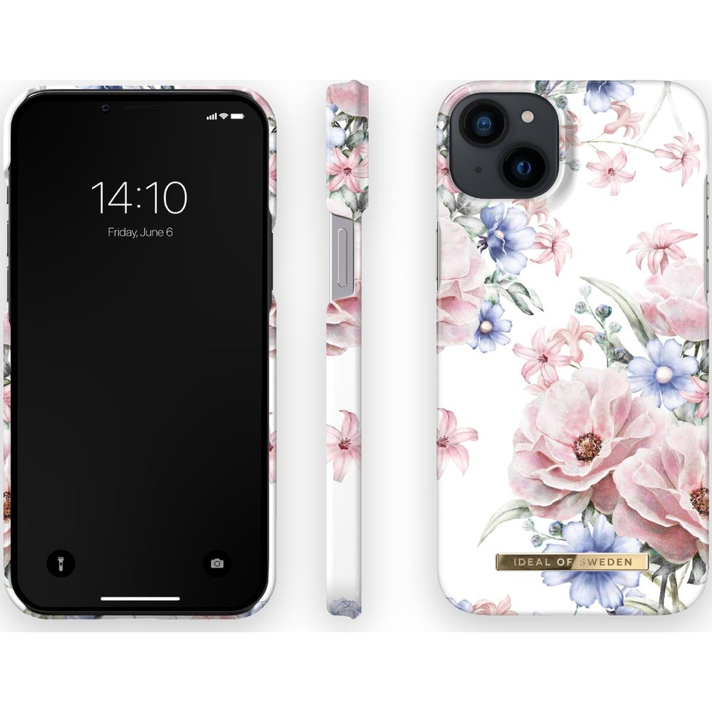 Ein iPhone mit floralem Muster, Vorder- und Seitenansicht.