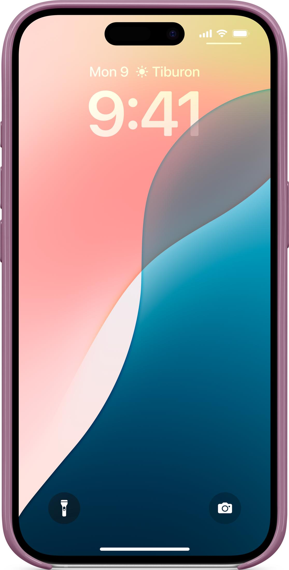 A purple iPhone displays 9:41 on a colorful abstract wallpaper.