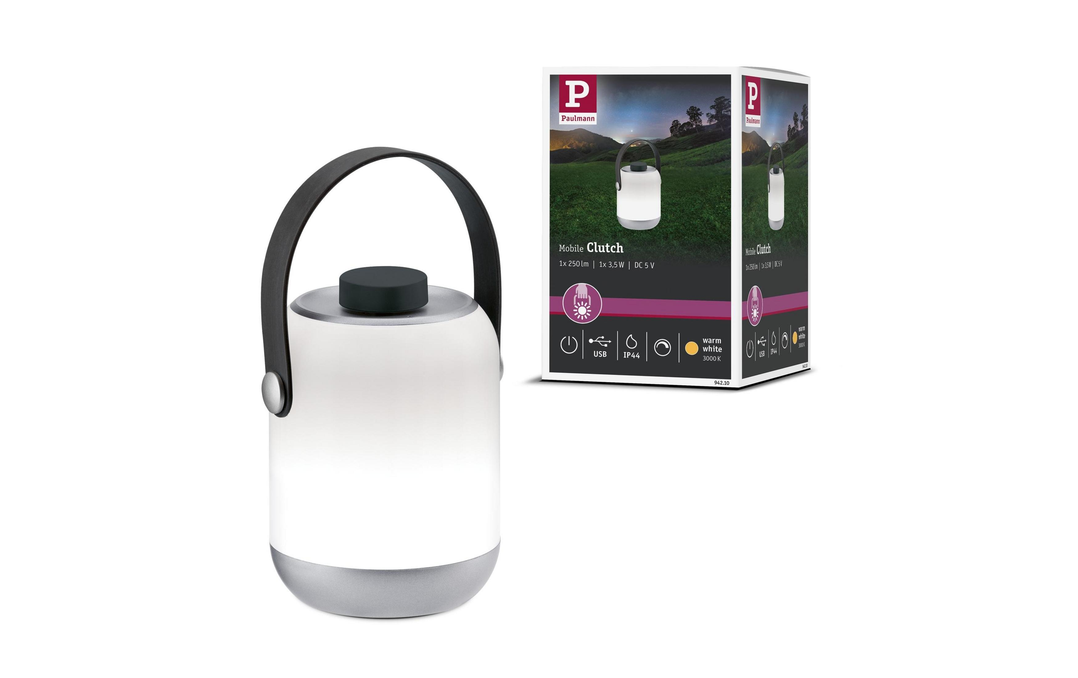 Biała latarnia z czarnym uchwytem i srebrną podstawą.