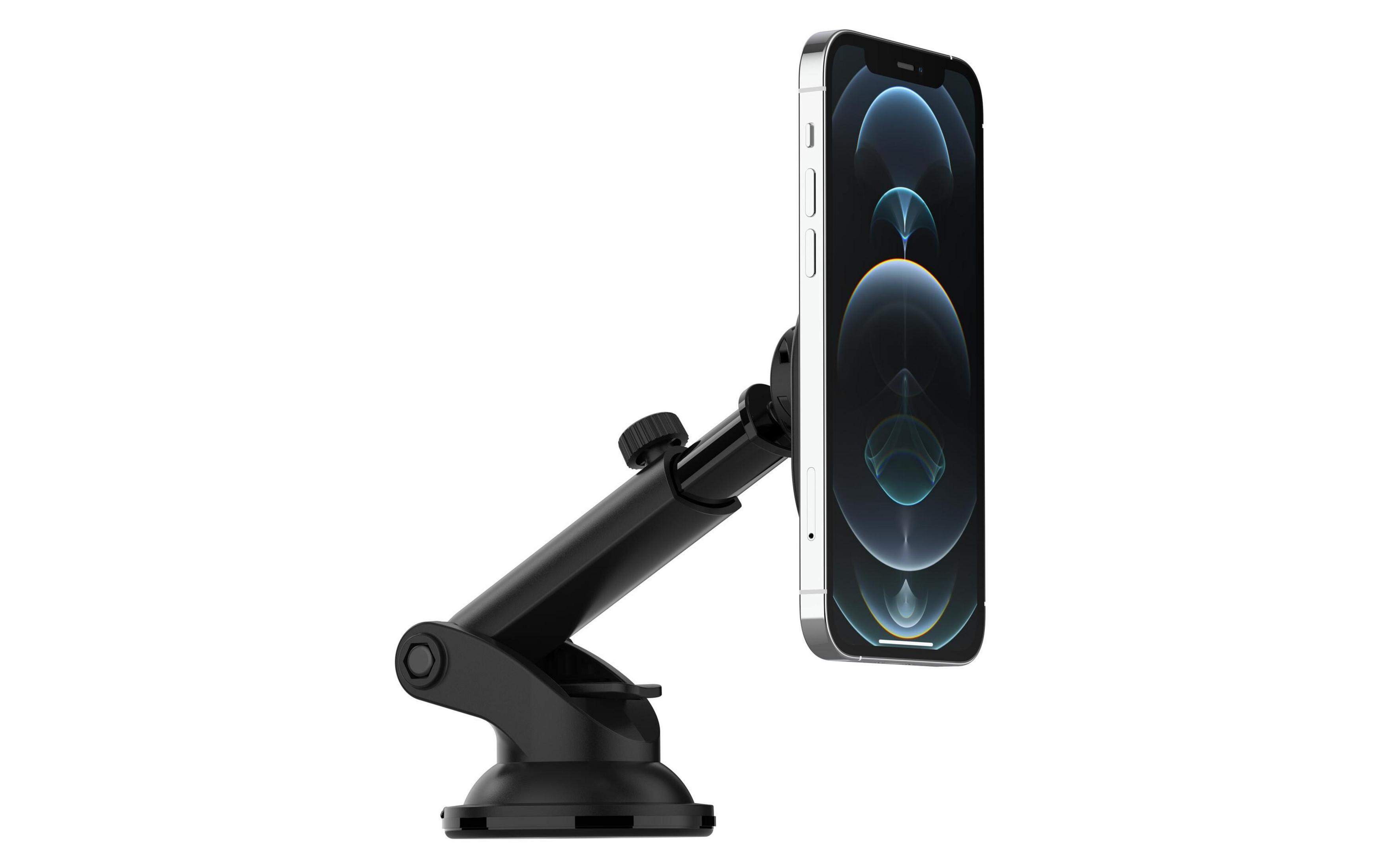 Een zwarte telefoonhouder met zuignap houdt een smartphone met blauw behang vast.