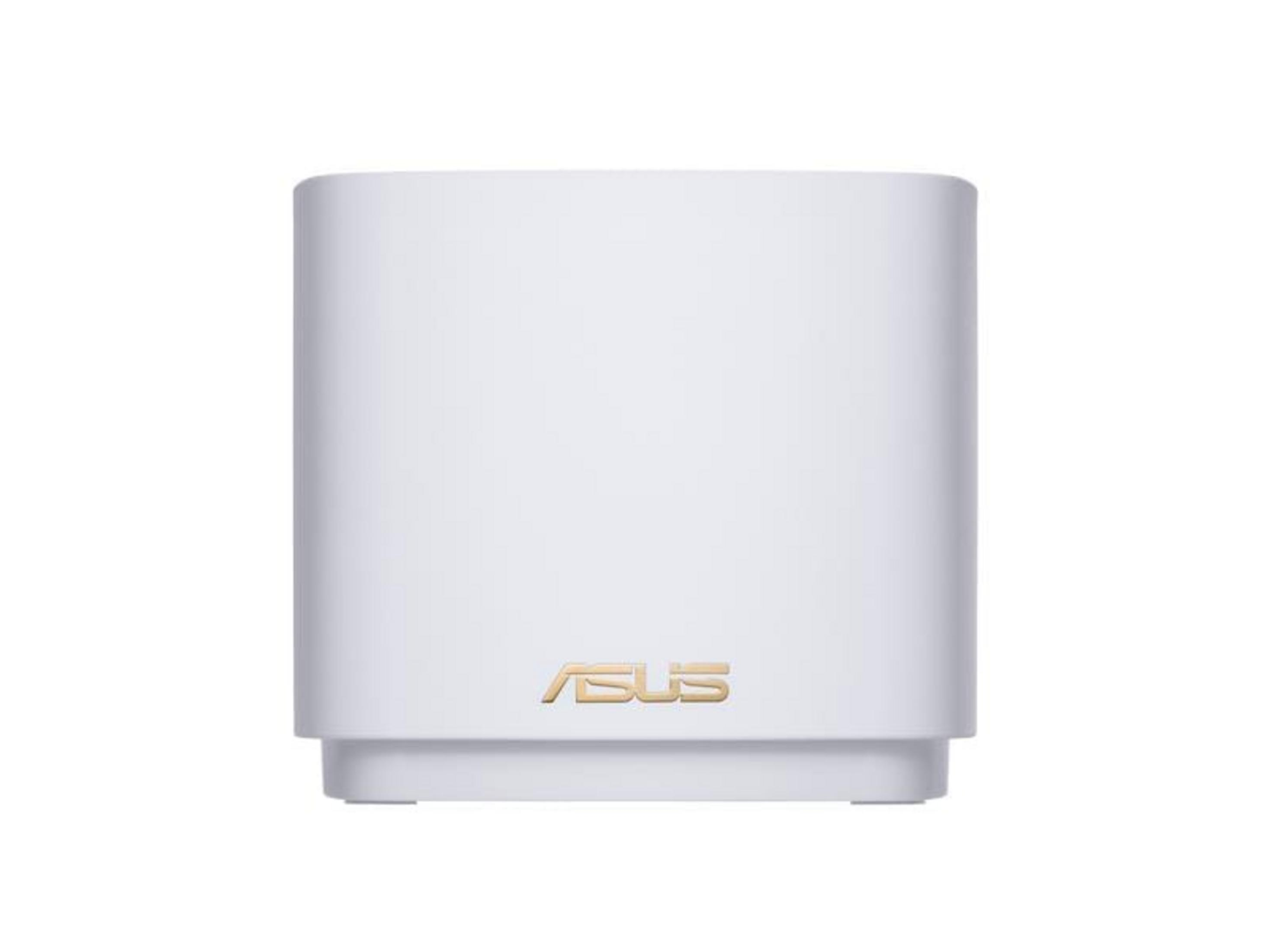 Ein weißer ASUS Router mit goldenem Logo auf weißem Hintergrund.