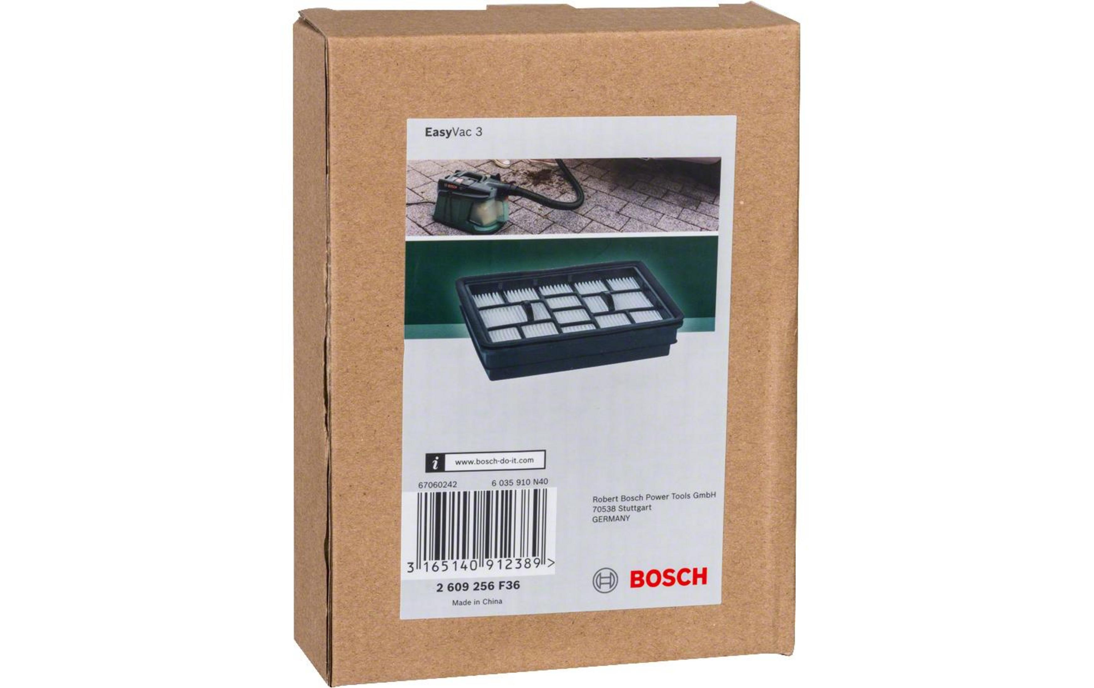 Verpackung des Bosch EasyVac 3 mit Bild eines Staubsaugers und Filters.