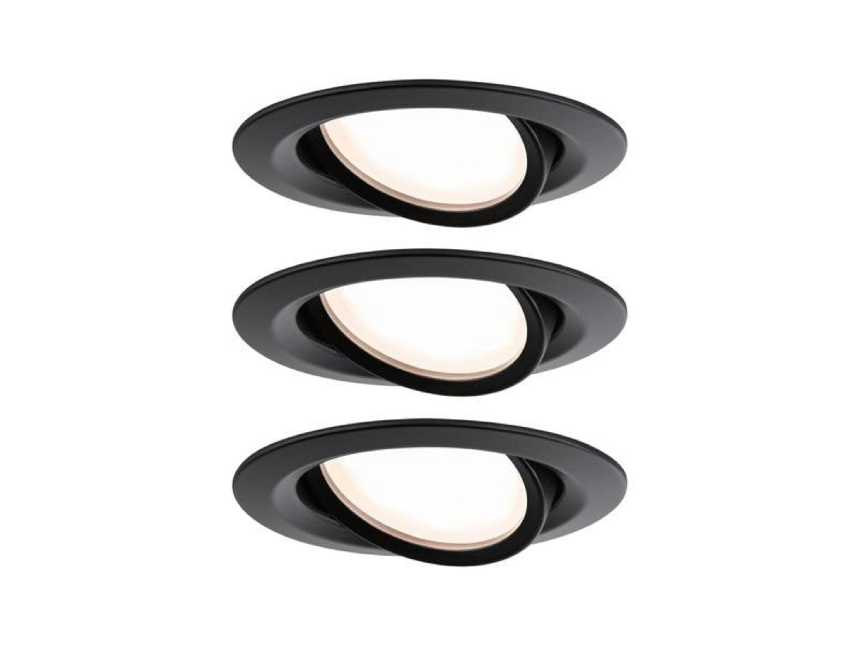 Trzy czarne reflektory wpuszczane z białym światłem, na białym tle.