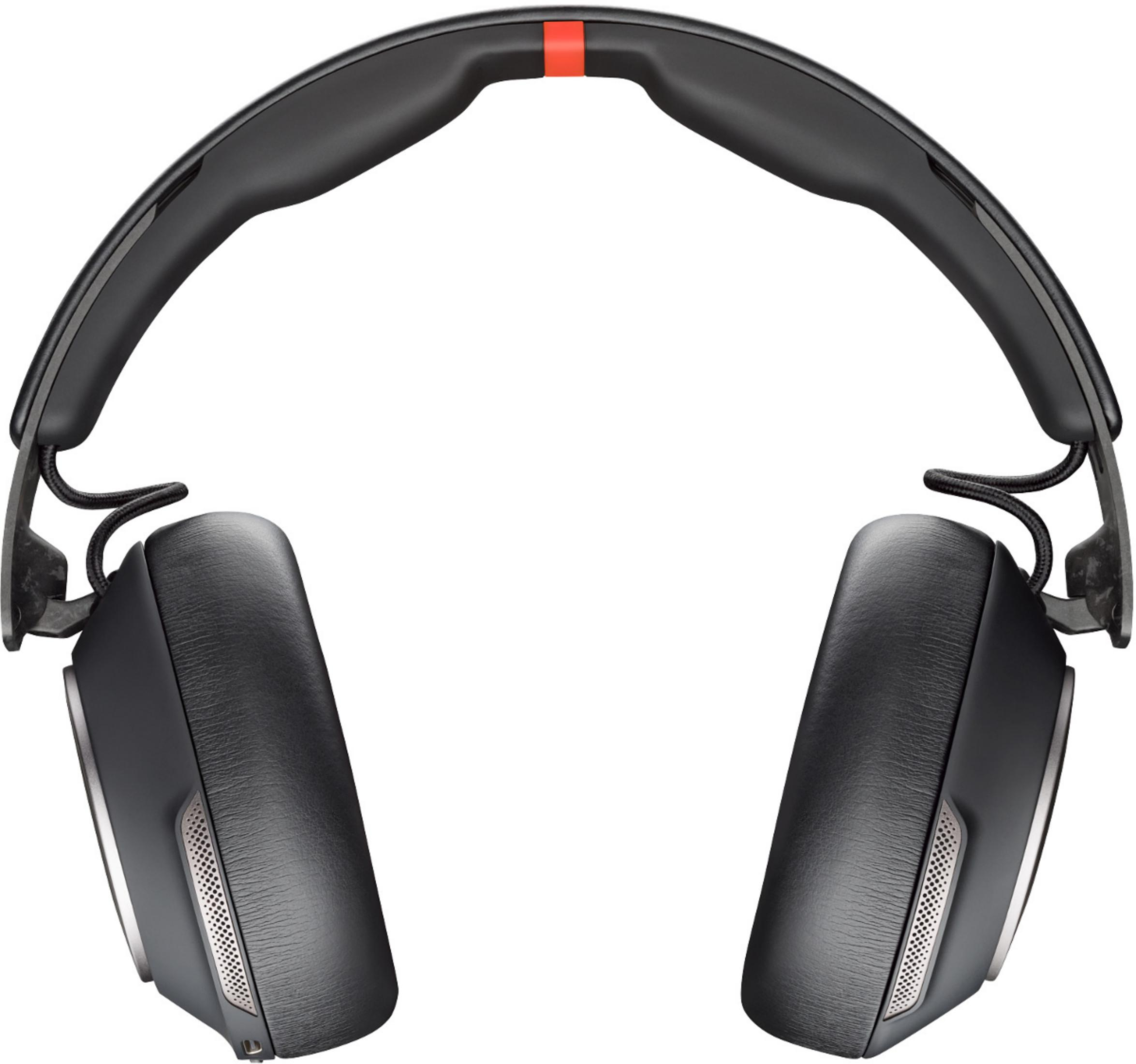 Black headphones with a red accent on the headband and metal elements.