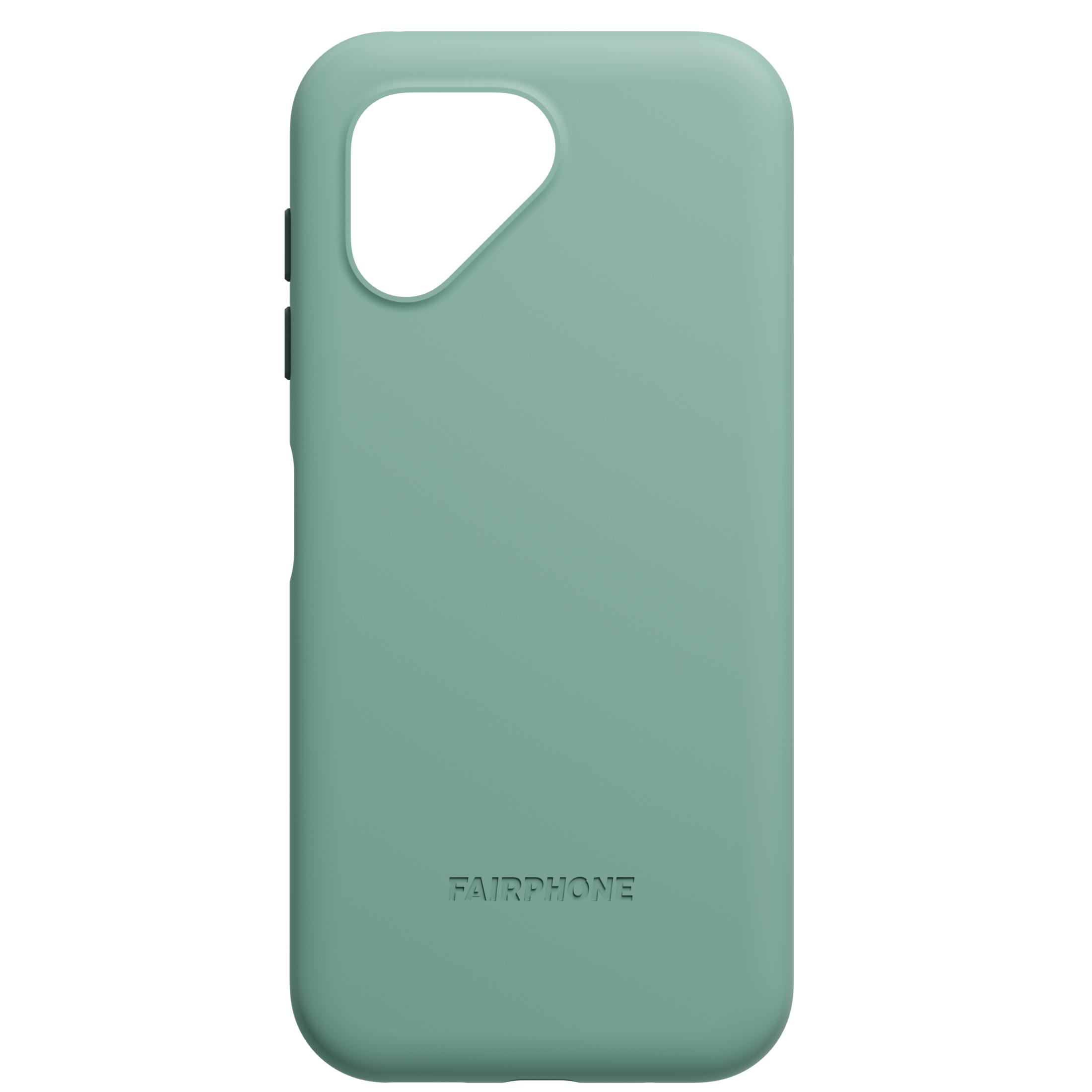 Coque de téléphone verte avec logo FAIRPHONE et découpe caméra.