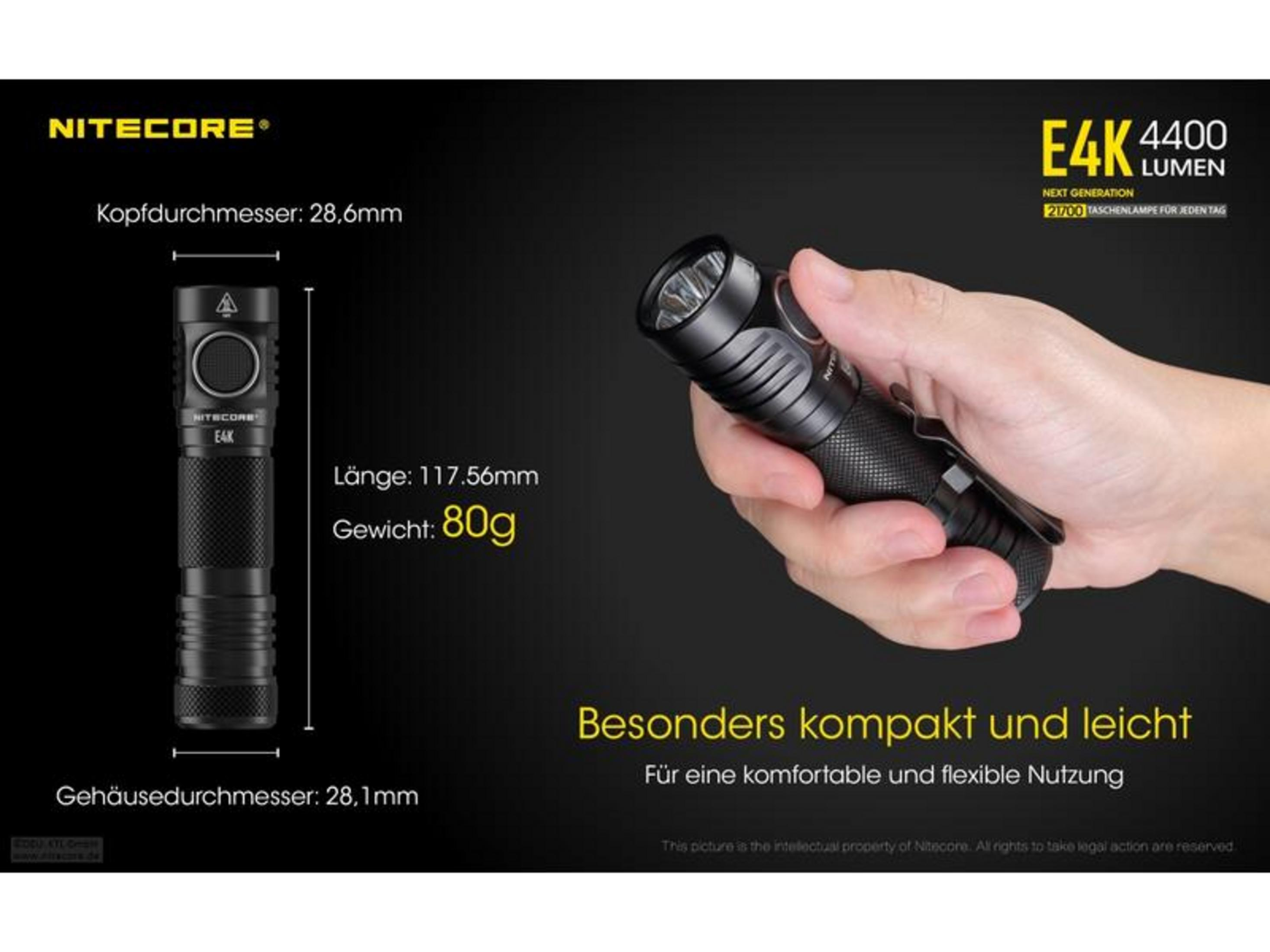 Latarka Nitecore E4K trzymana w dłoni. Wyświetlone wymiary i waga.