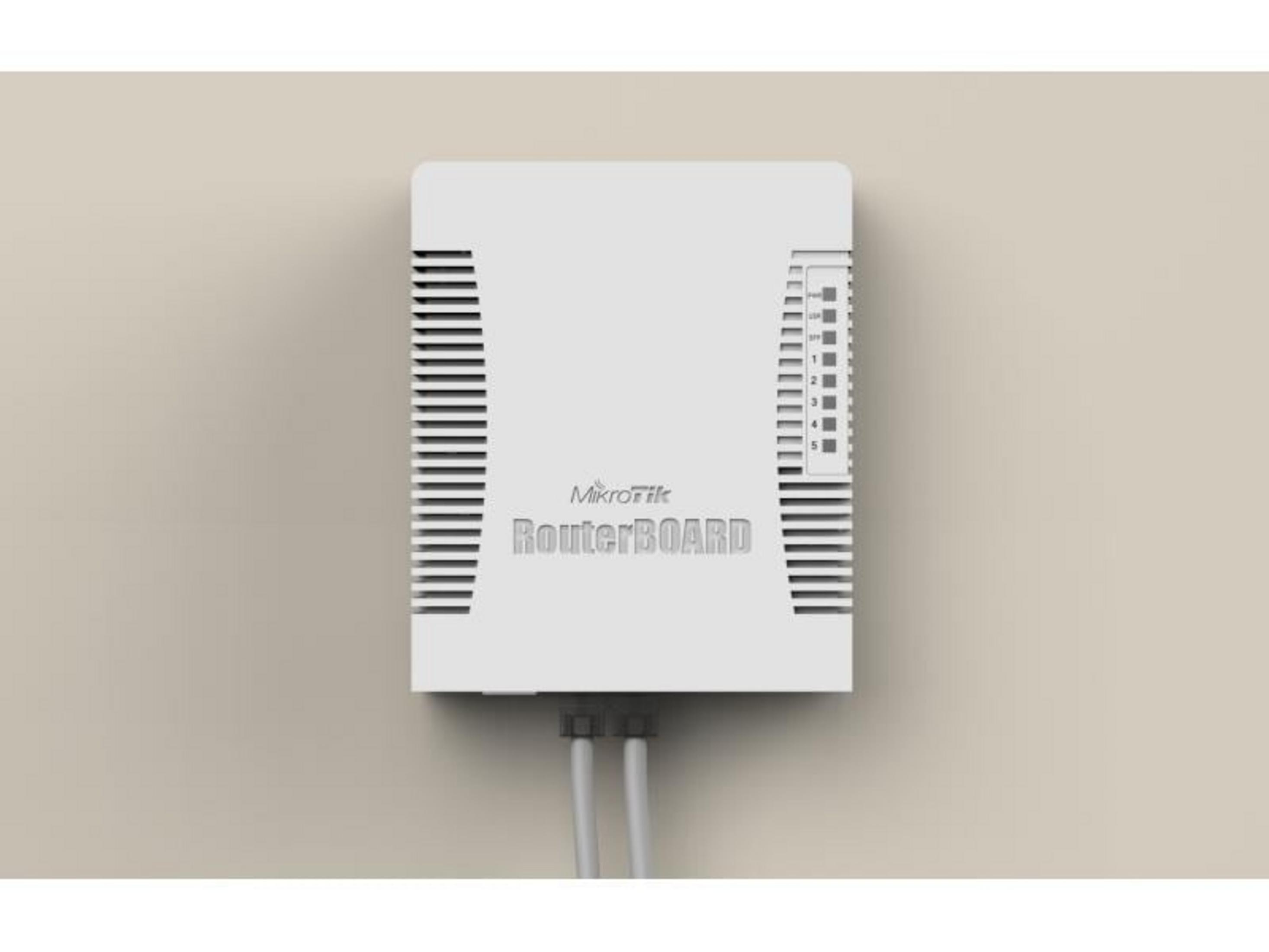 Biały Mikrotik RouterBOARD zamontowany na ścianie z kablami.