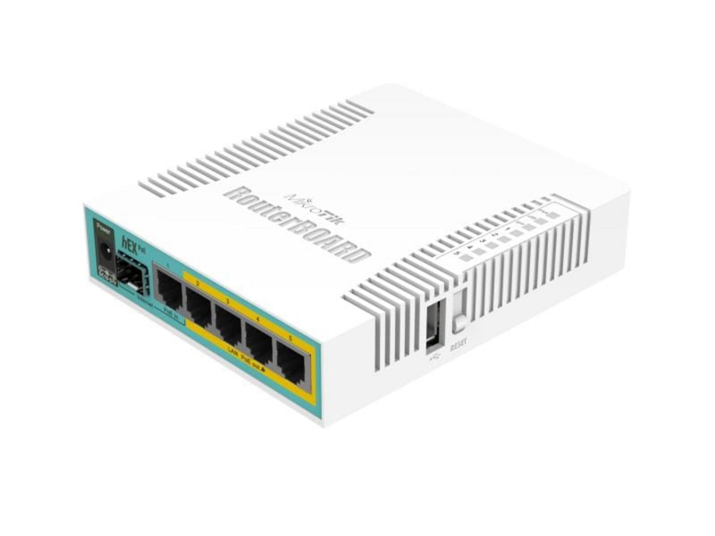 Biały Mikrotik RouterBOARD z 5 portami LAN i otworami wentylacyjnymi.