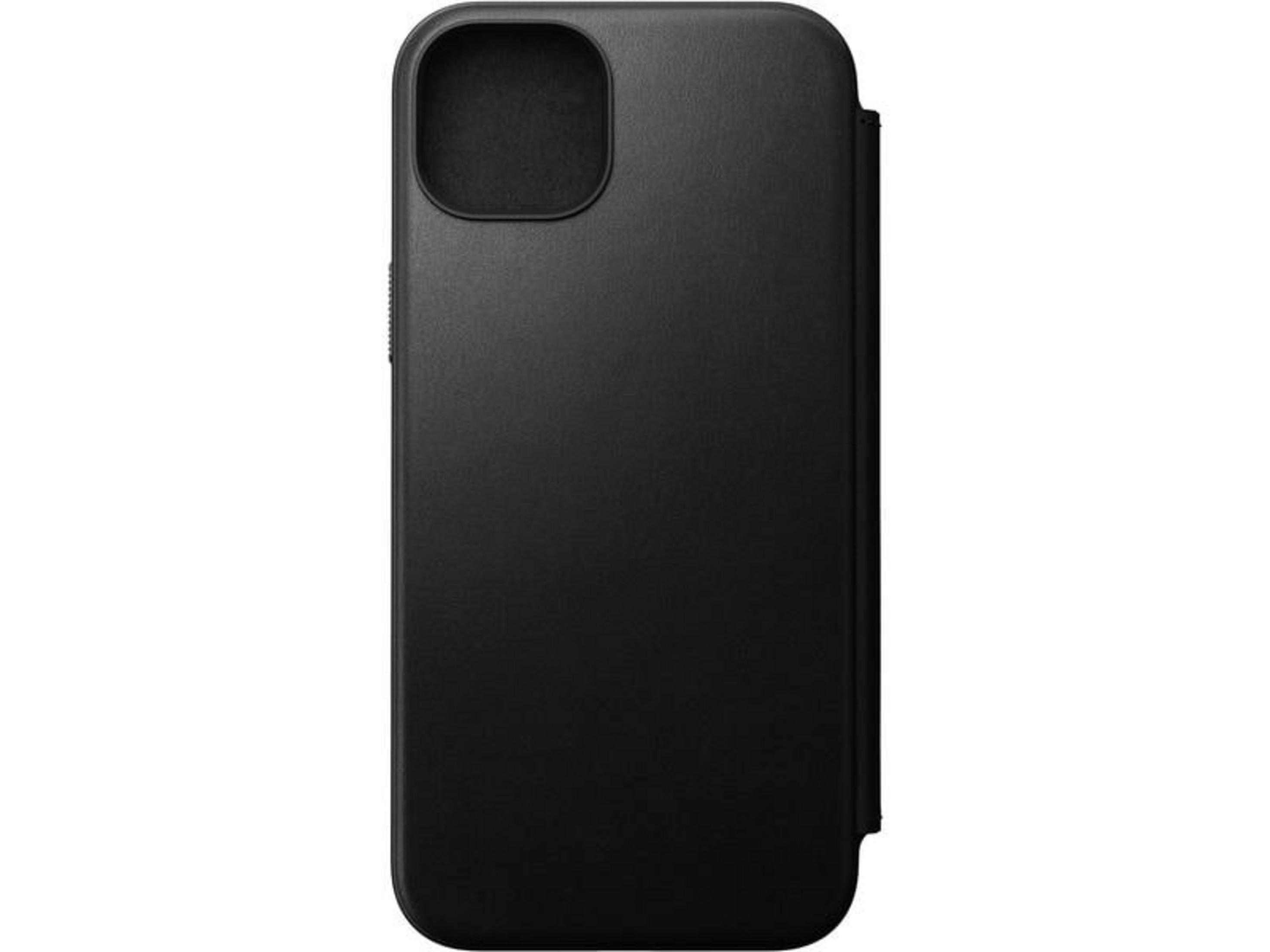 Custodia nera per iPhone con ritaglio fotocamera, su sfondo bianco.