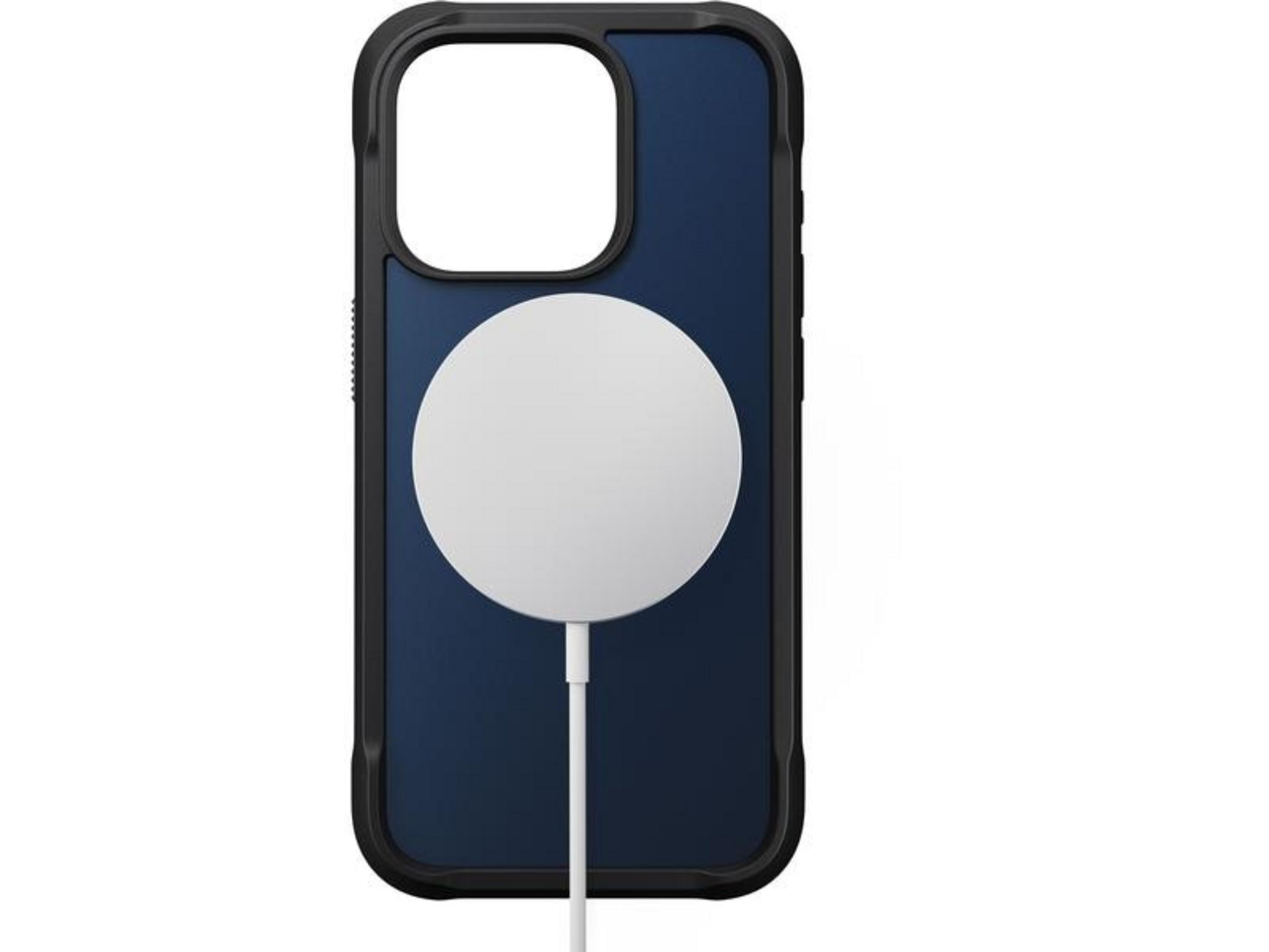 Dunkelblaues Handycover mit schwarzem Rahmen und weißem Ladekabel.