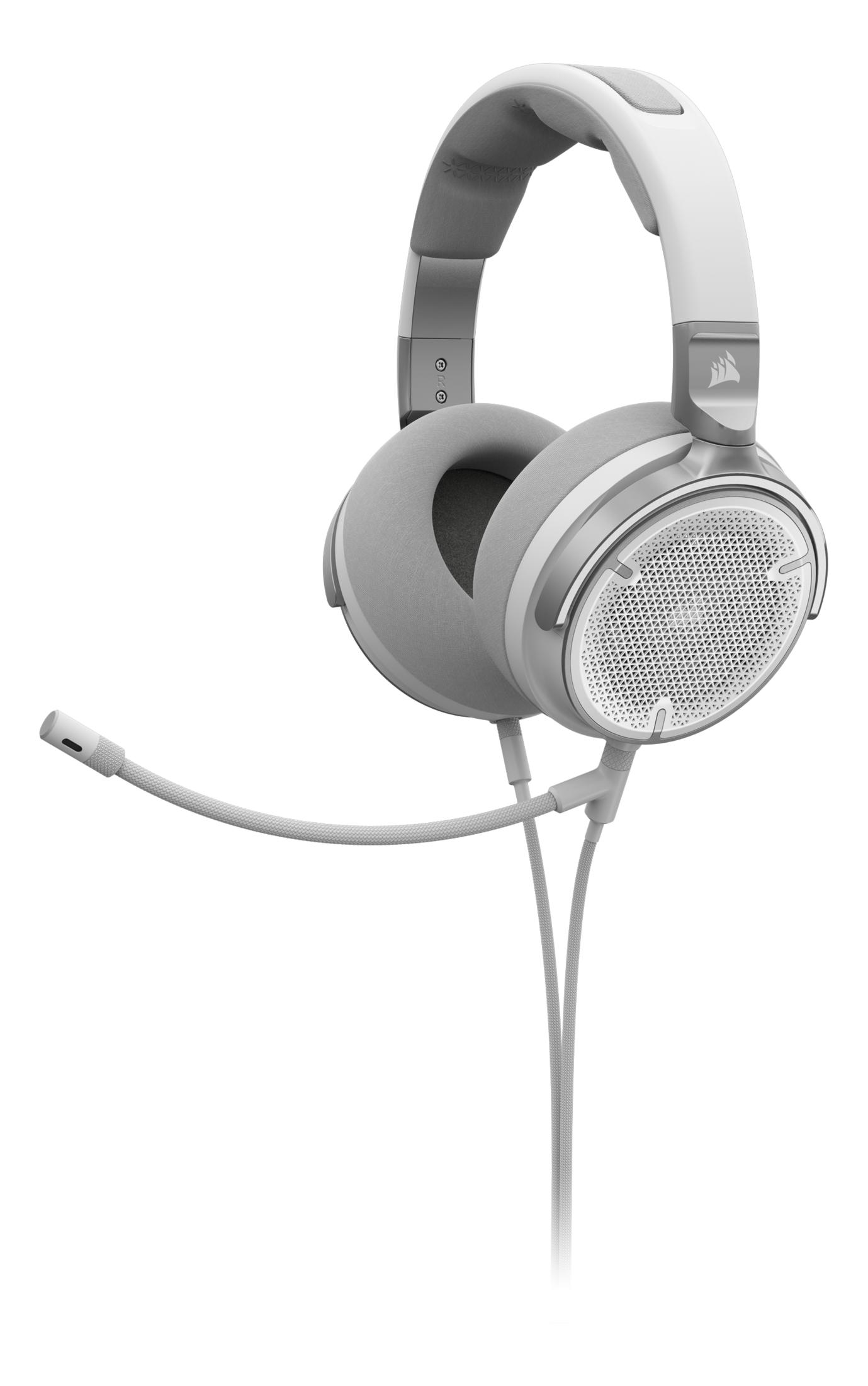 Biało-szare słuchawki gamingowe z mikrofonem na białym tle.