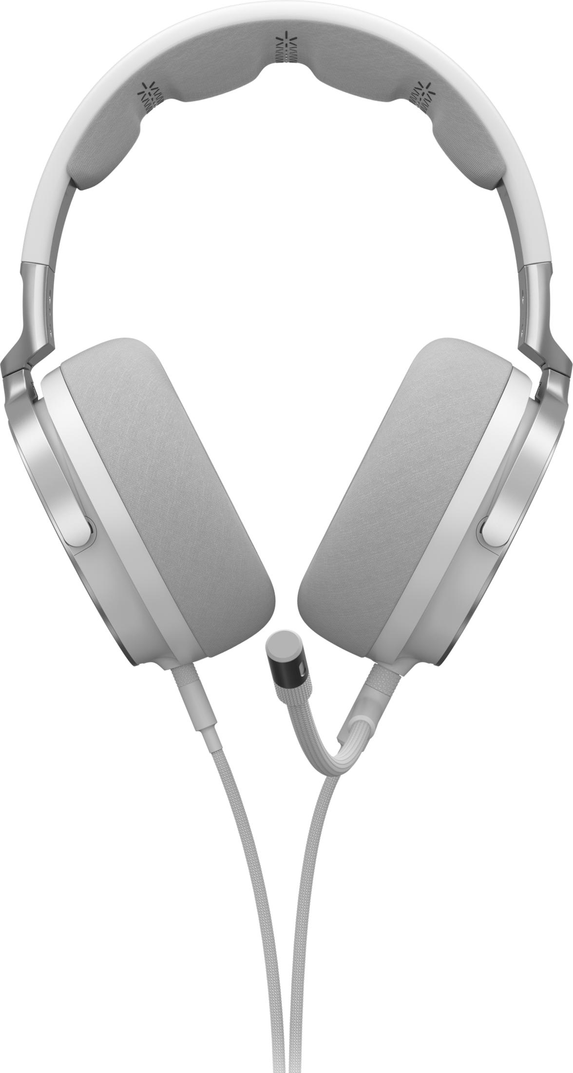 Białe słuchawki ze srebrnymi akcentami i mikrofonem.