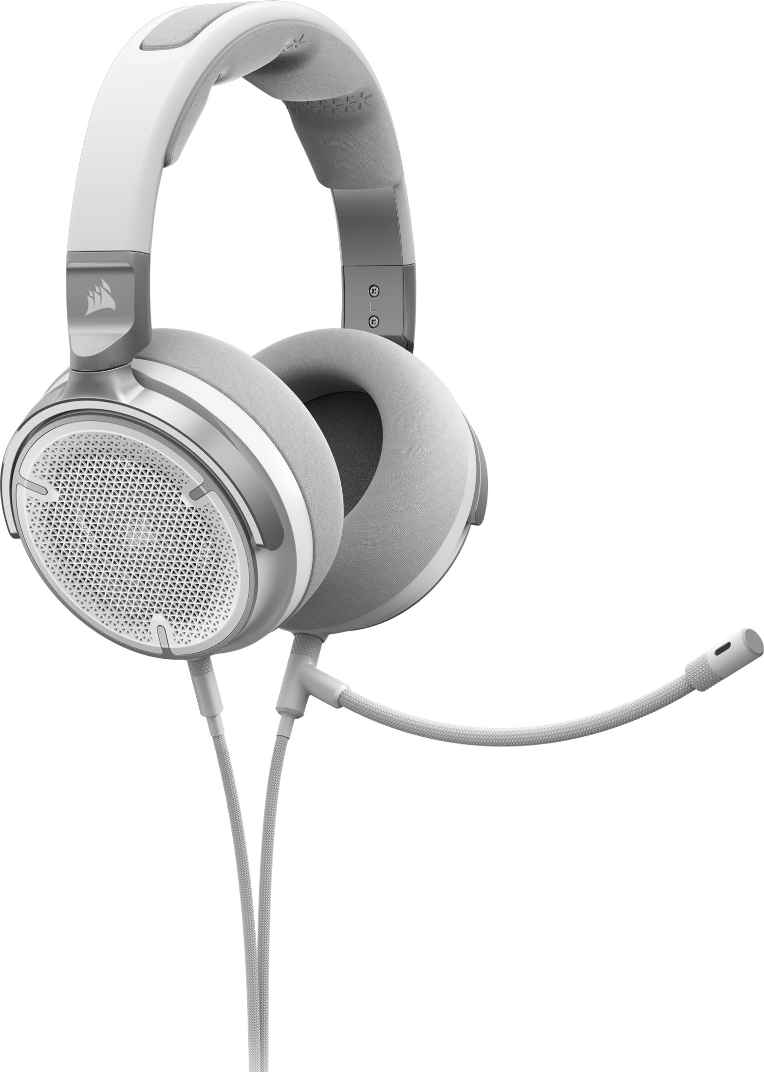 Białe i szare słuchawki z mikrofonem, na białym tle.