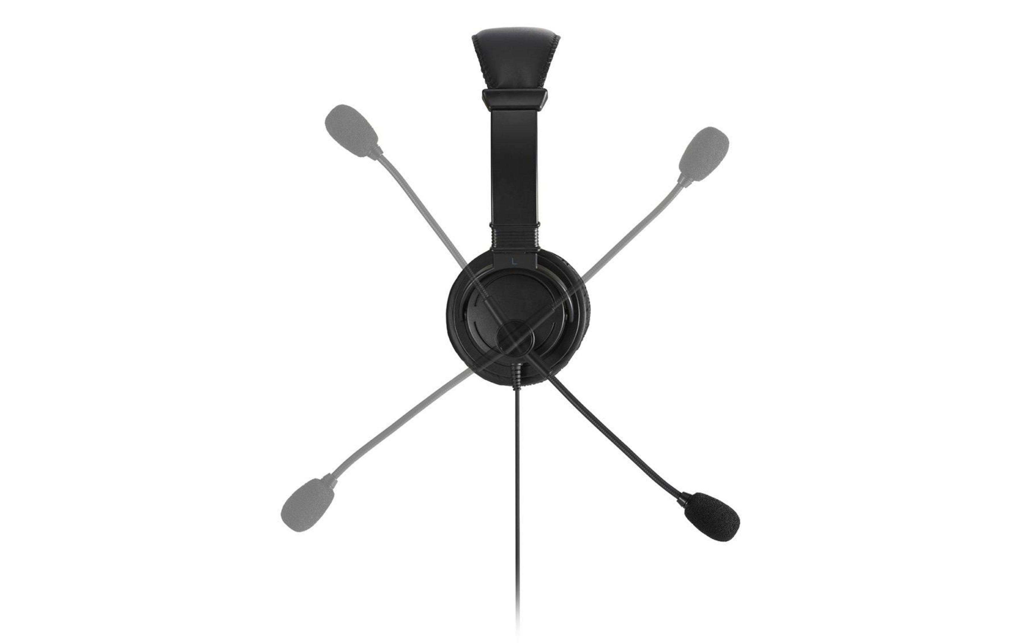 Auriculares negros con micrófono, sobre fondo blanco.