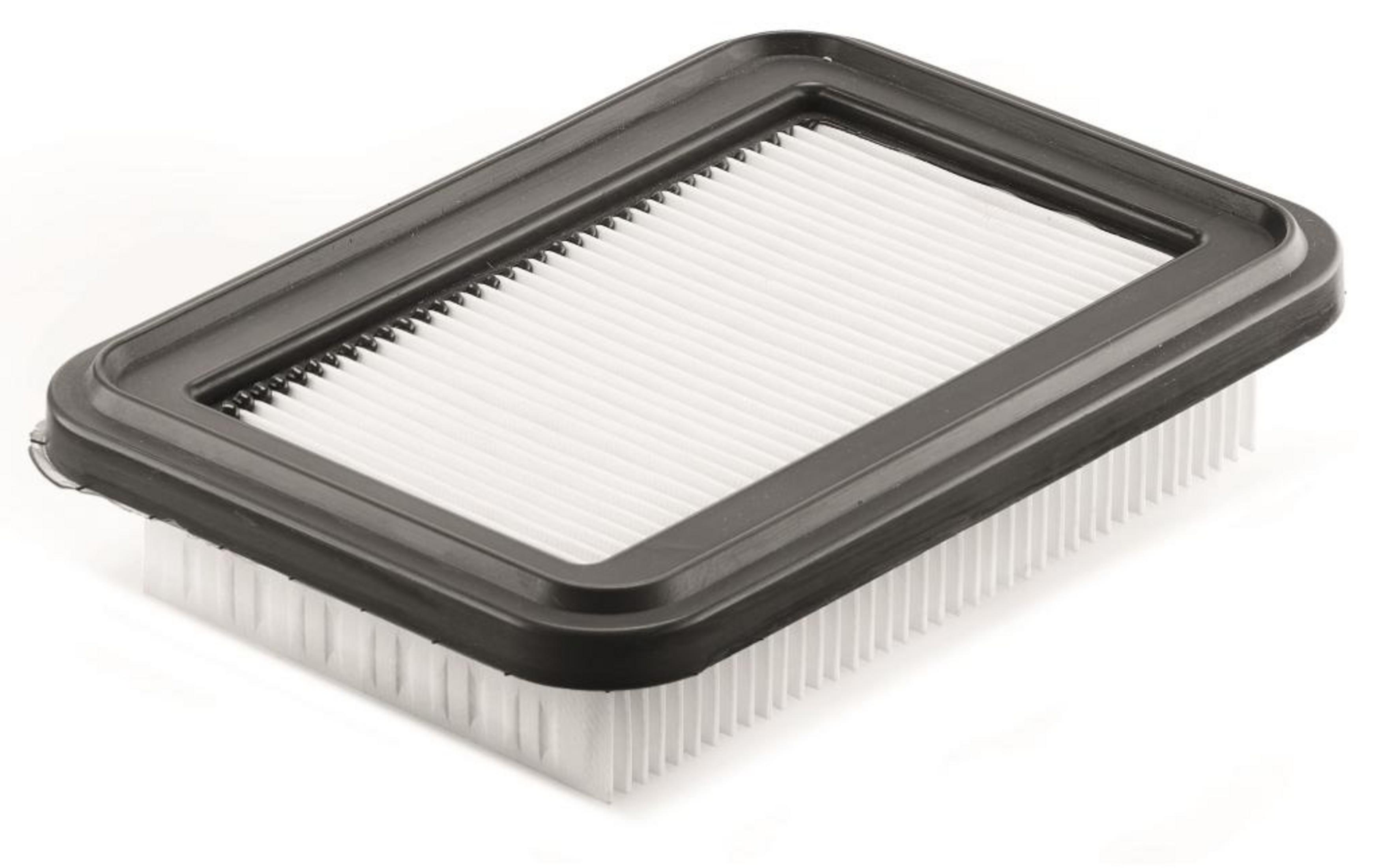 Prostokątny filtr powietrza z czarną ramką i białymi fałdami.