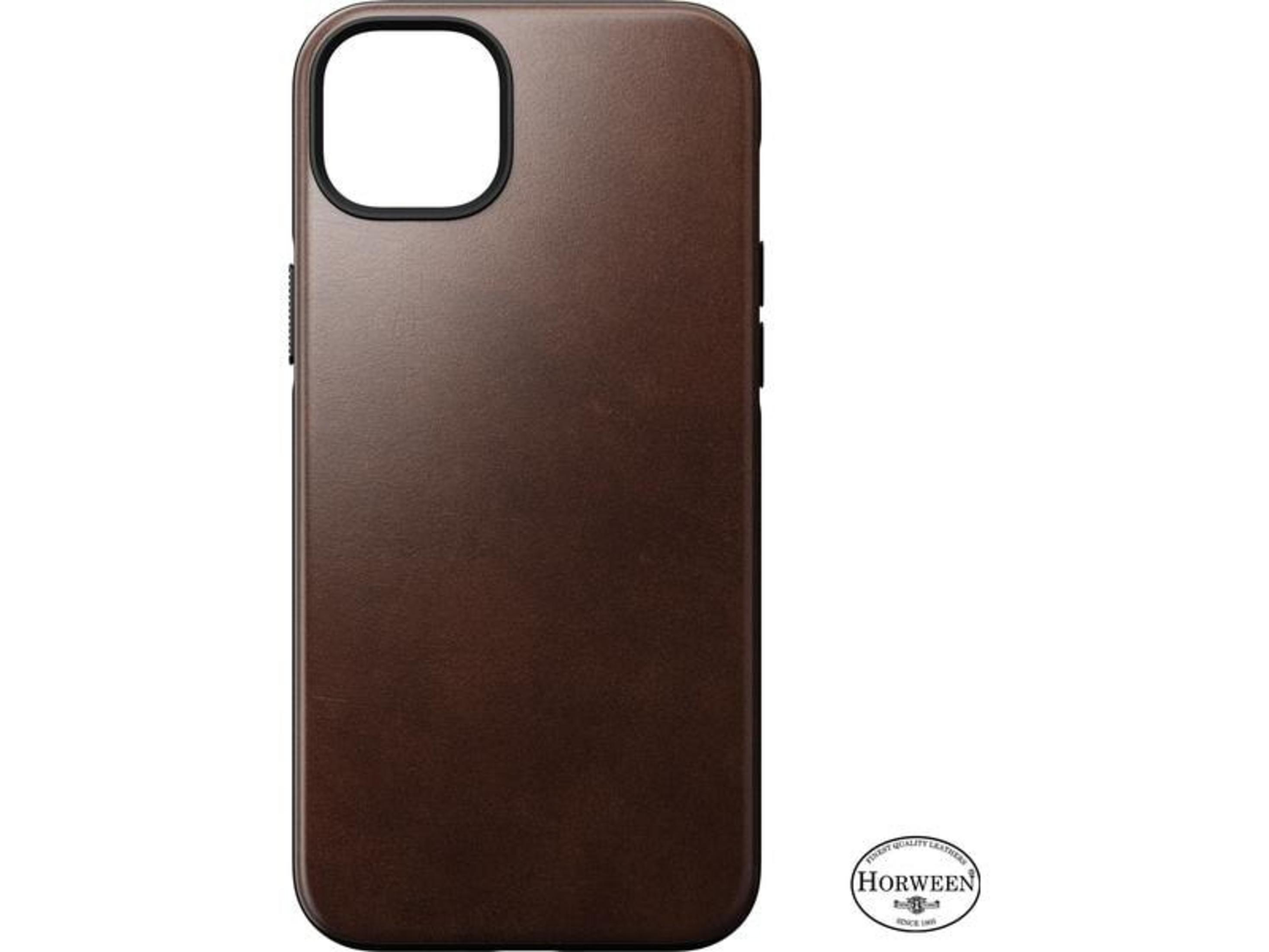 Custodia per telefono in pelle marrone con ritaglio fotocamera e logo Horween.