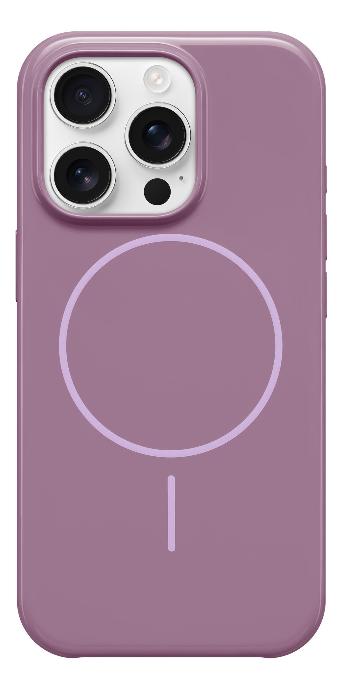 Fioletowe etui na telefon z obiektywami aparatu i wzorem koła/linii.