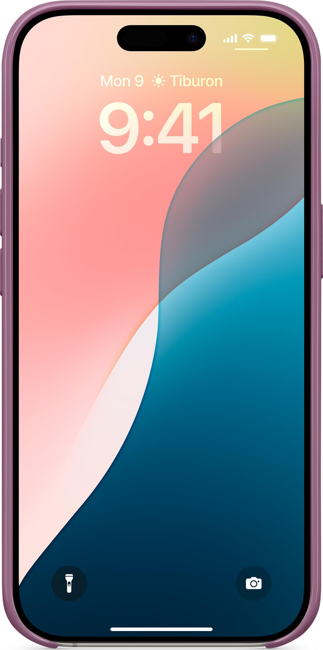 Ekran blokady iPhone pokazujący 9:41 z falistą grafiką.