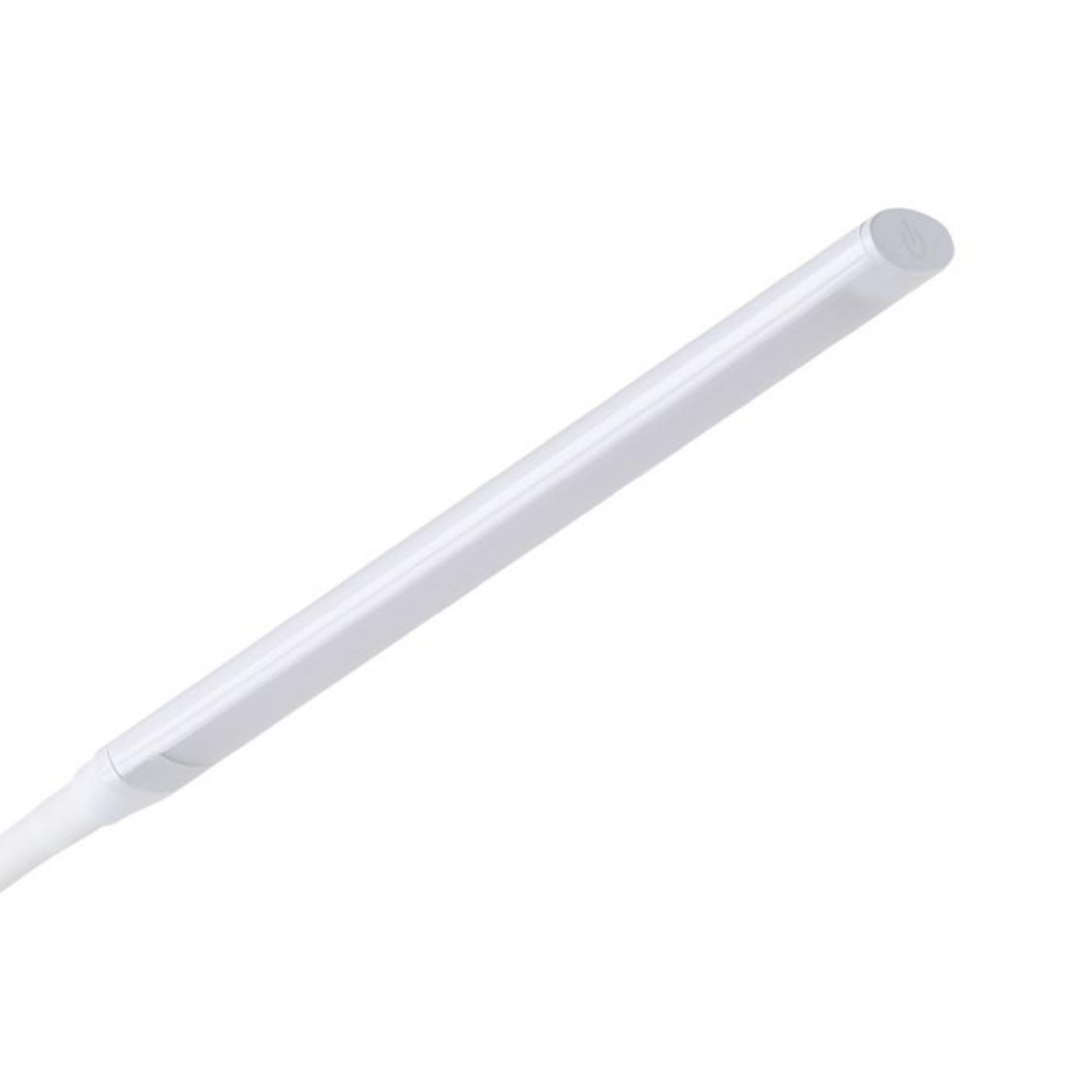 Una barra luminosa a LED bianca con simbolo di accensione all'estremità, isolata su bianco.