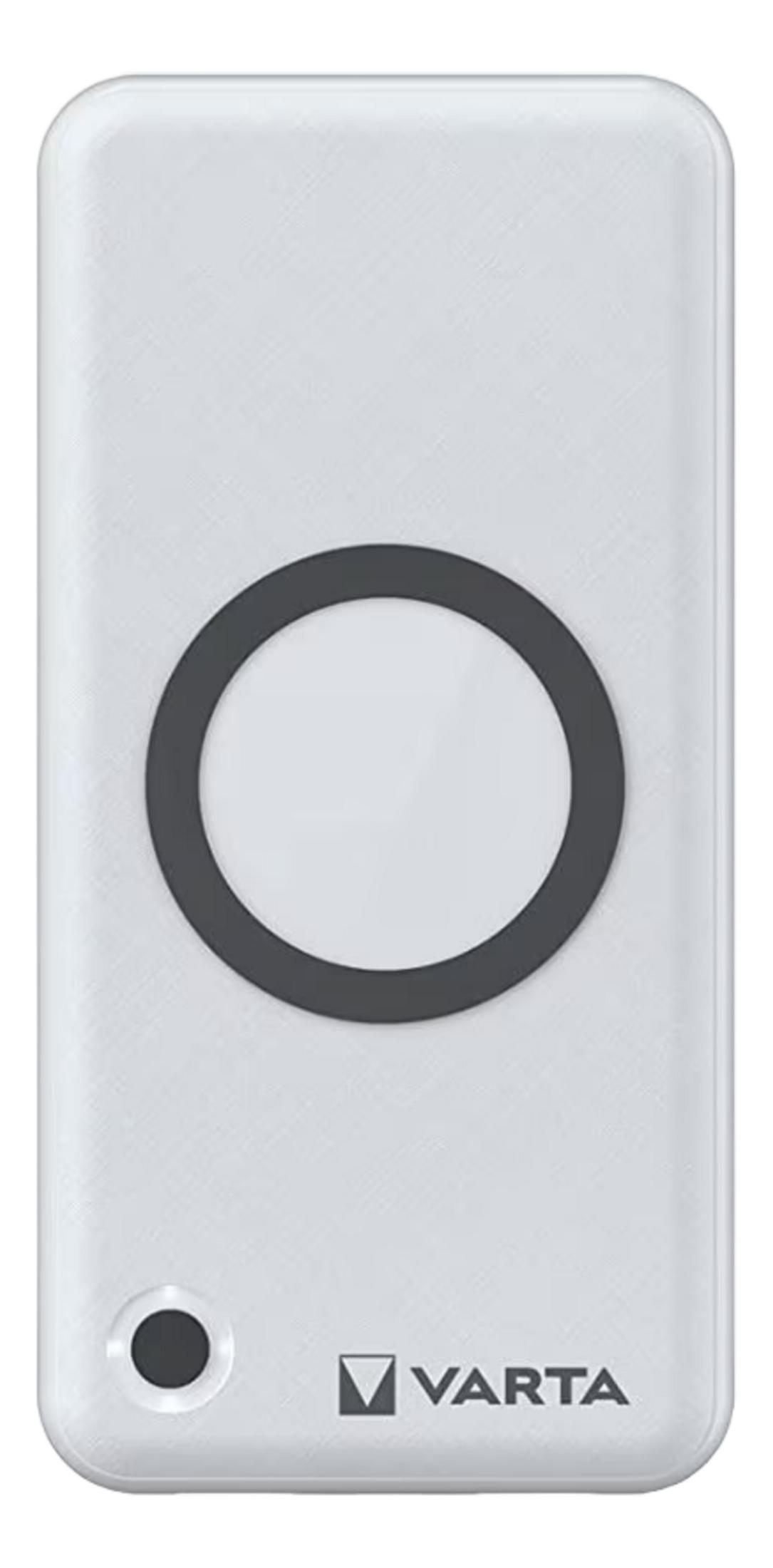 Ein weißes Varta Powerbank mit schwarzem Ring und Ladeanzeige.