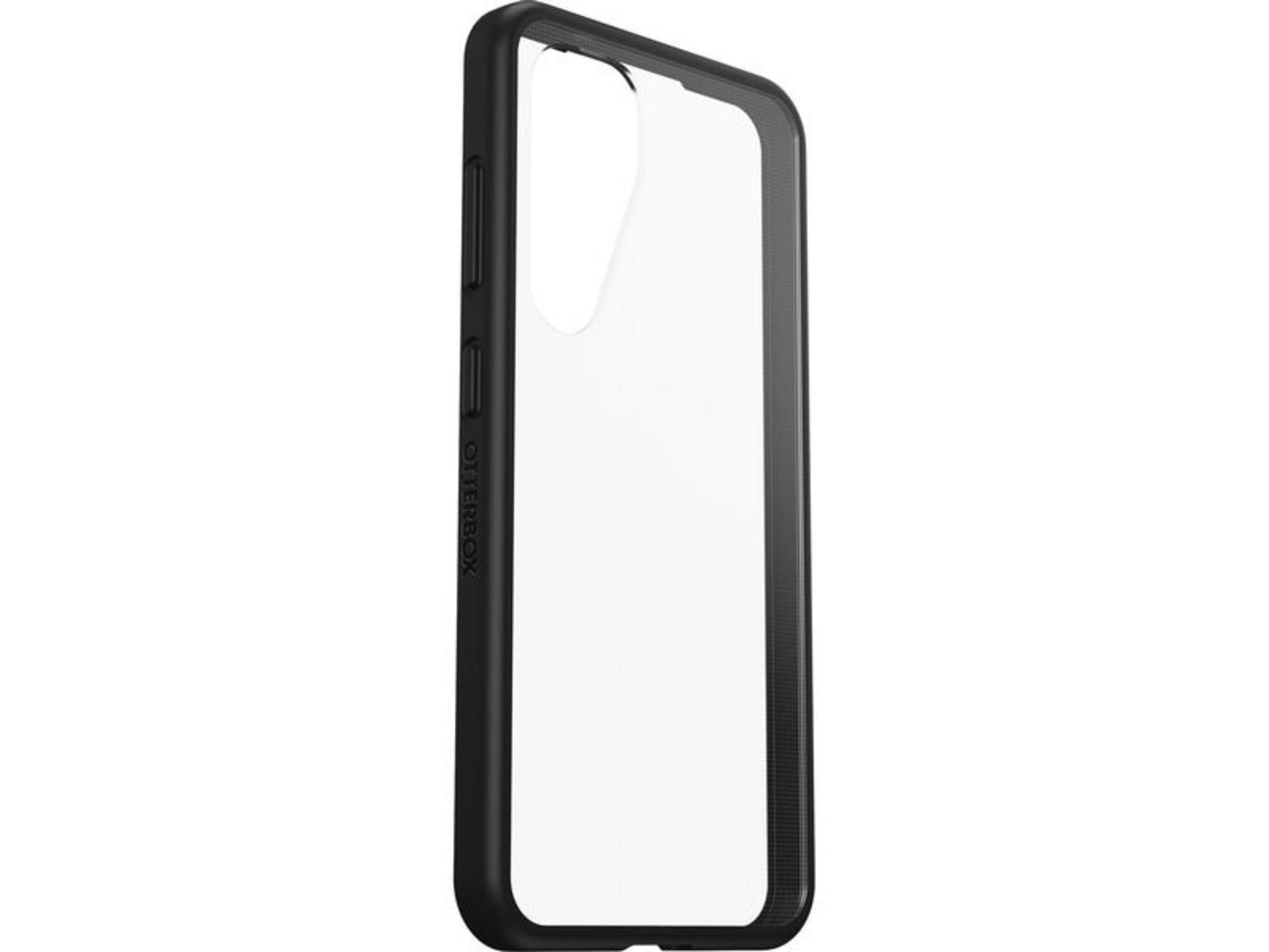 Custodia nera per telefono con retro trasparente e logo Otterbox.