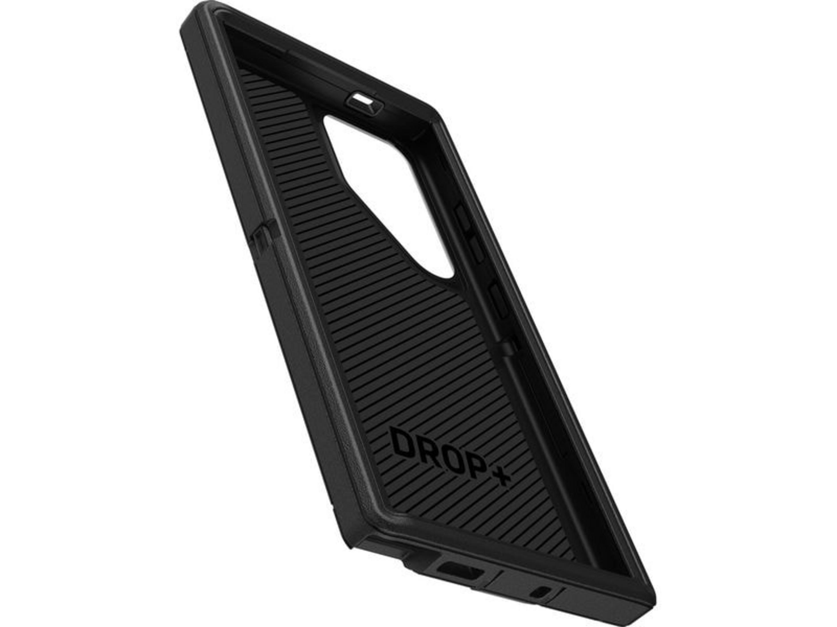 Zwarte telefoonhoes van de zijkant met ribbelpatroon en "DROP+"-logo.
