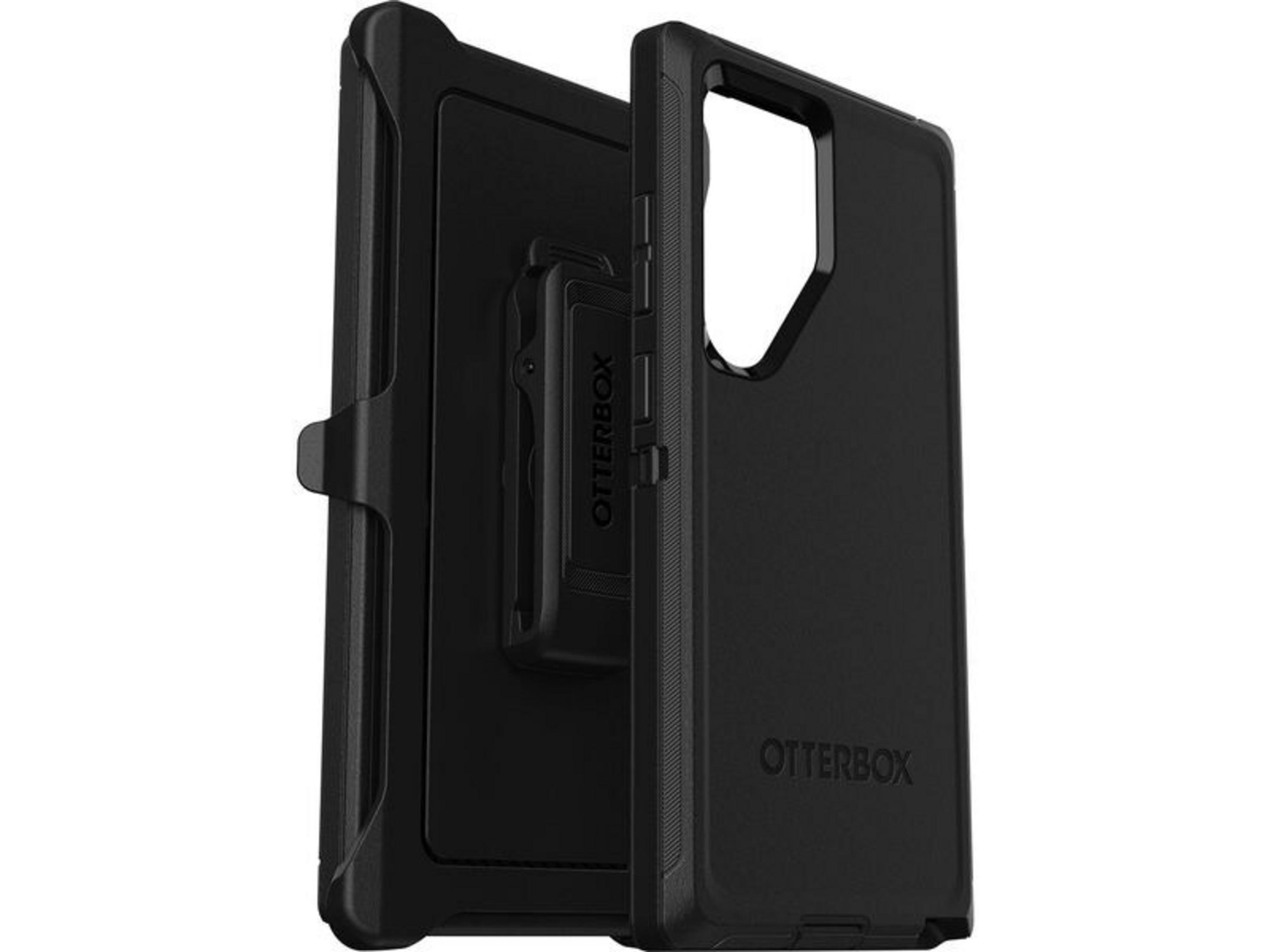 Twee zwarte Otterbox telefoonhoesjes met riemclip.